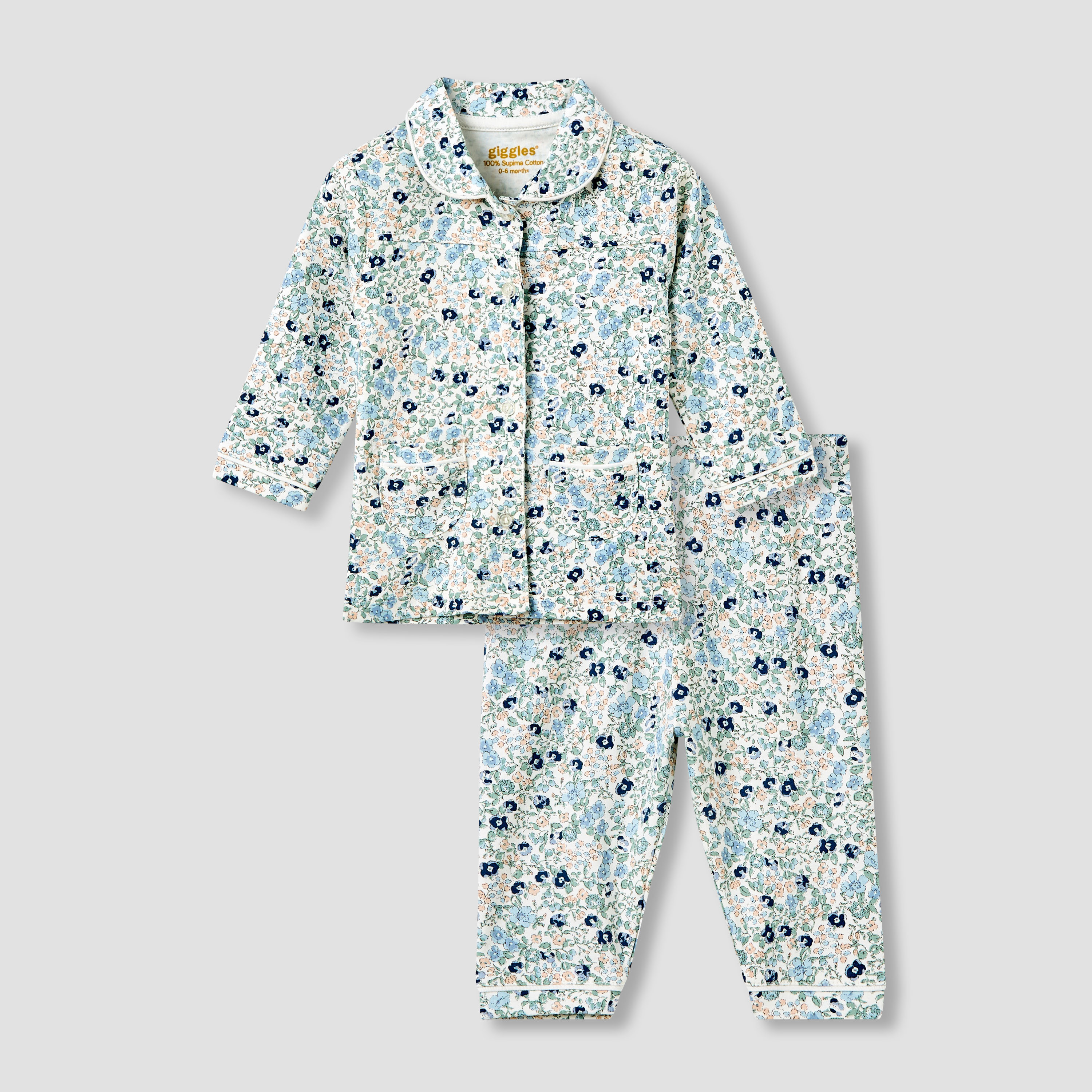 Giggles Pyjama Set with Floral Print - Cotton - Long Sleeves - Collar-baby-girls-clothing-nightwear-pyjamasets-image-1