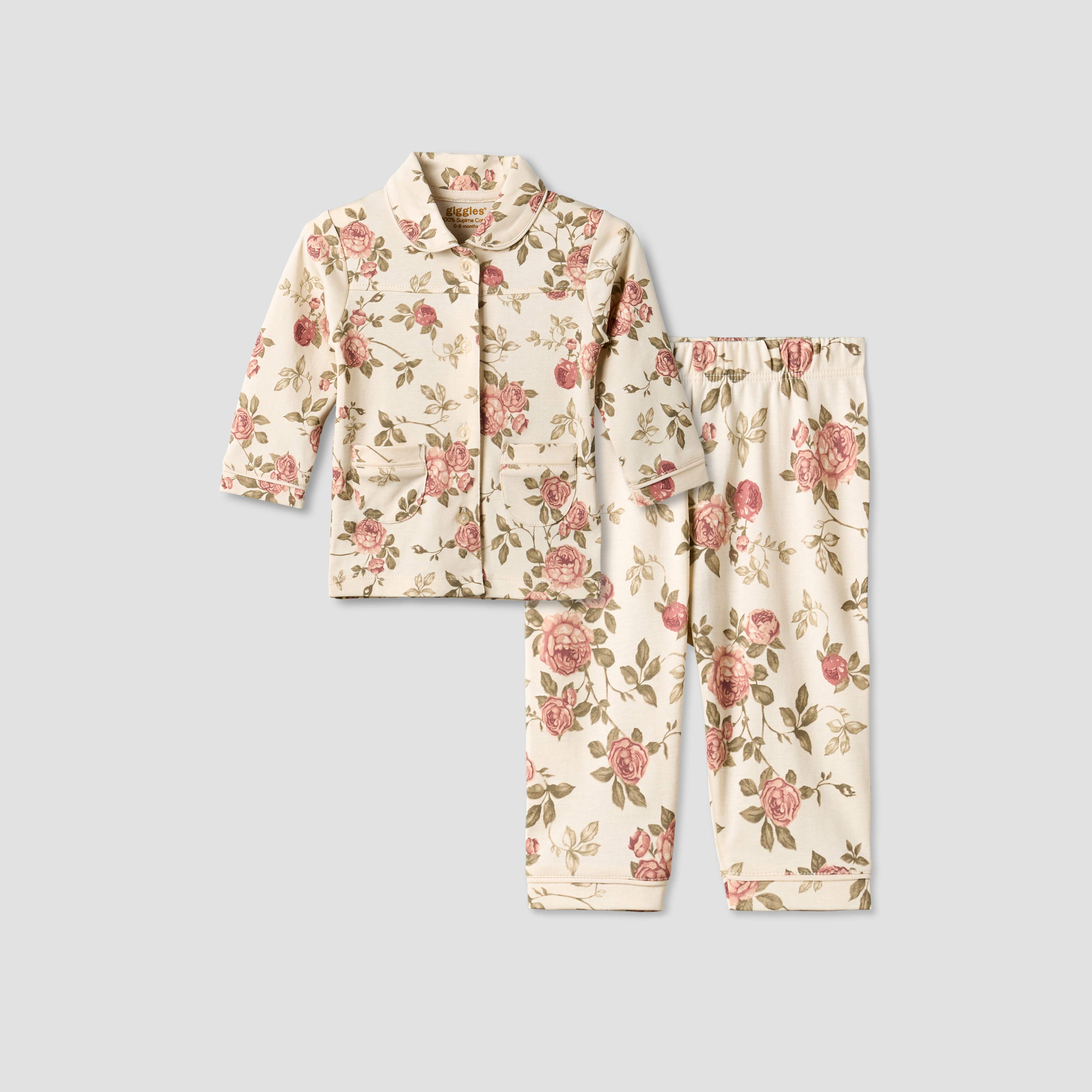 Giggles Cotton Collared Long Sleeves Pyjama Set with Floral Print-baby-girls-clothing-nightwear-pyjamasets-image-2