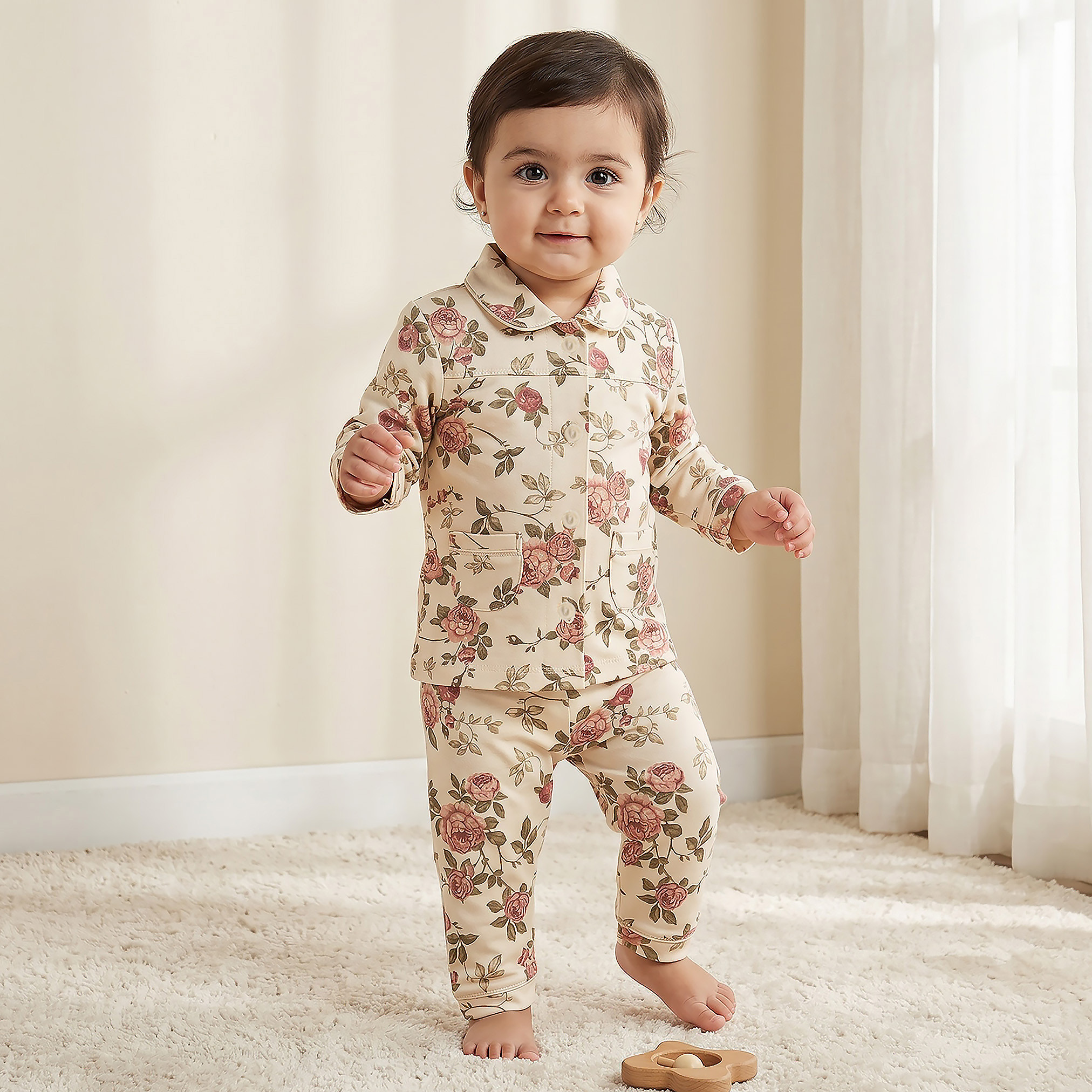 Giggles Cotton Collared Long Sleeves Pyjama Set with Floral Print-baby-girls-clothing-nightwear-pyjamasets-image-1
