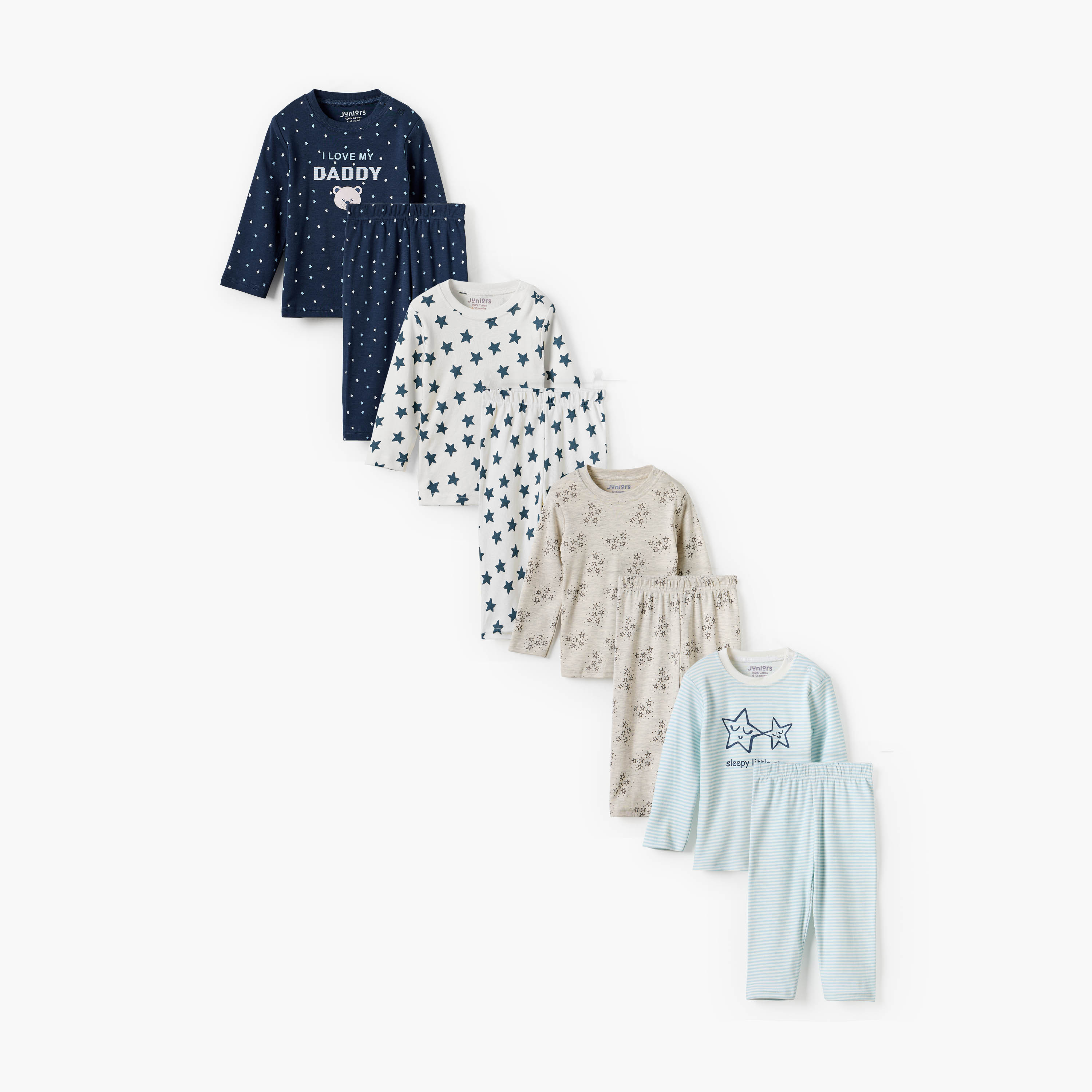 Juniors Star Print Long Sleeve T-shirt and Pyjamas - Set of 4-baby-boys-clothing-nightwear-pyjamasets-image-1