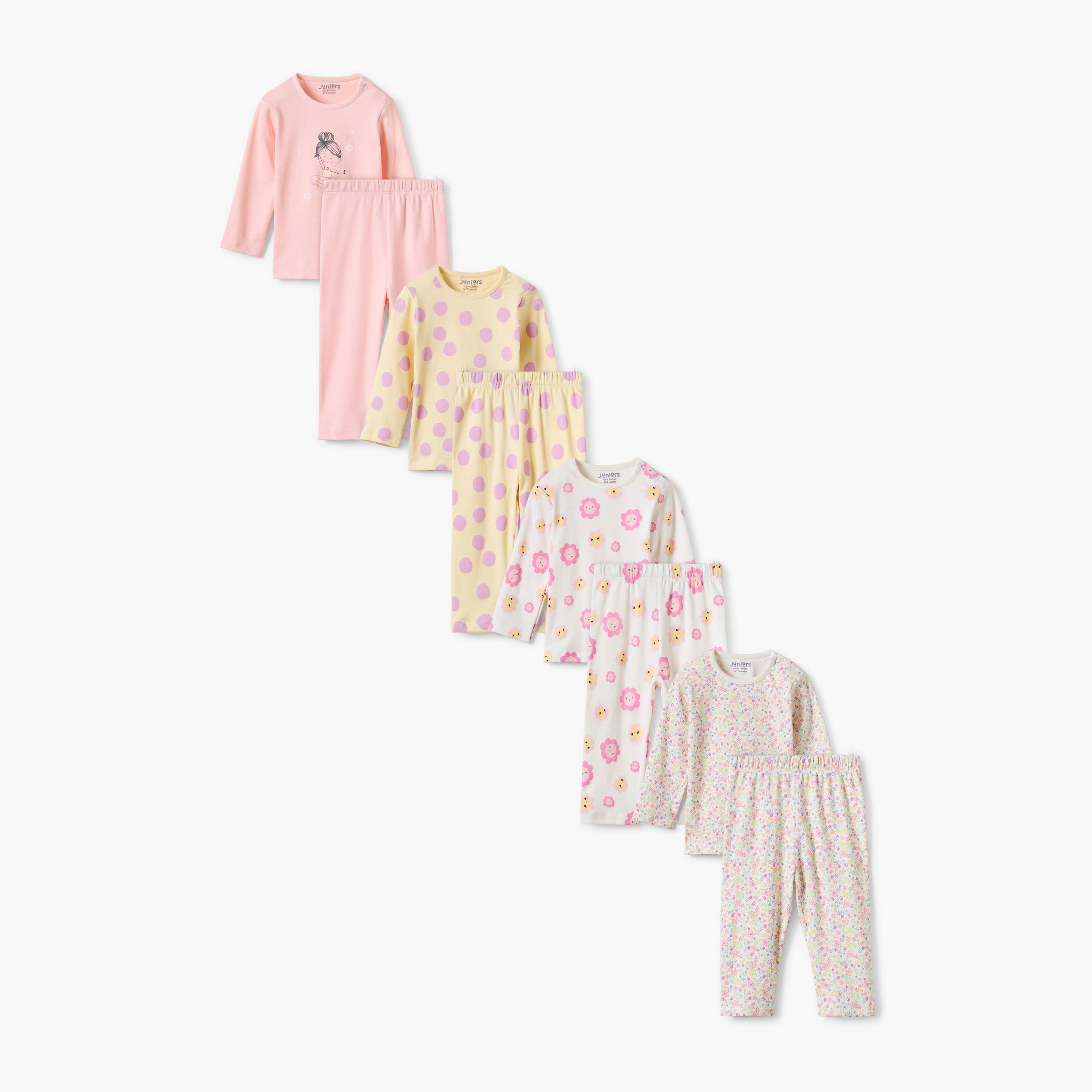 Juniors Floral Print Long Sleeve T-shirt and Pyjamas - Set of 4-baby-girls-clothing-nightwear-pyjamasets-image-1