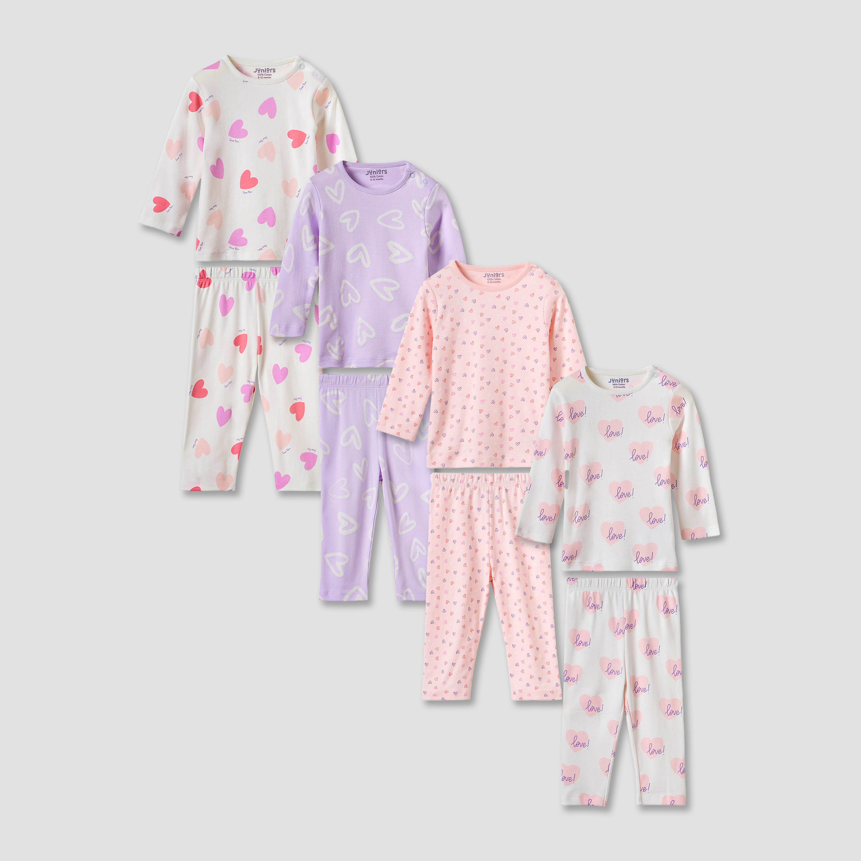 Juniors Heart Print Long Sleeve T-shirt and Pyjamas - Set of 4-baby-girls-clothing-nightwear-pyjamasets-image-1
