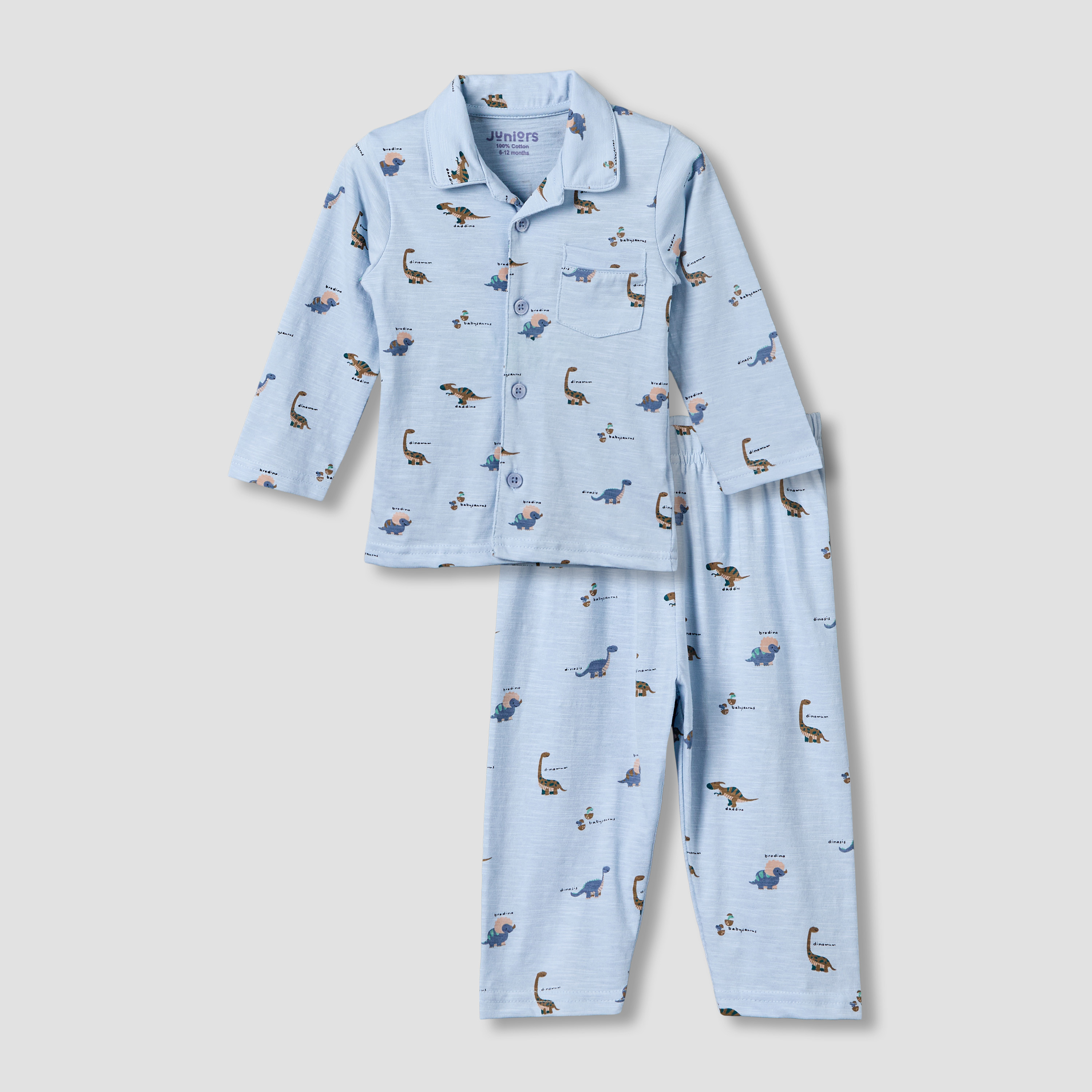 Juniors Cotton Collared Long Sleeves Pyjama Set with Dinosaur Print-baby-boys-clothing-nightwear-pyjamasets-image-1