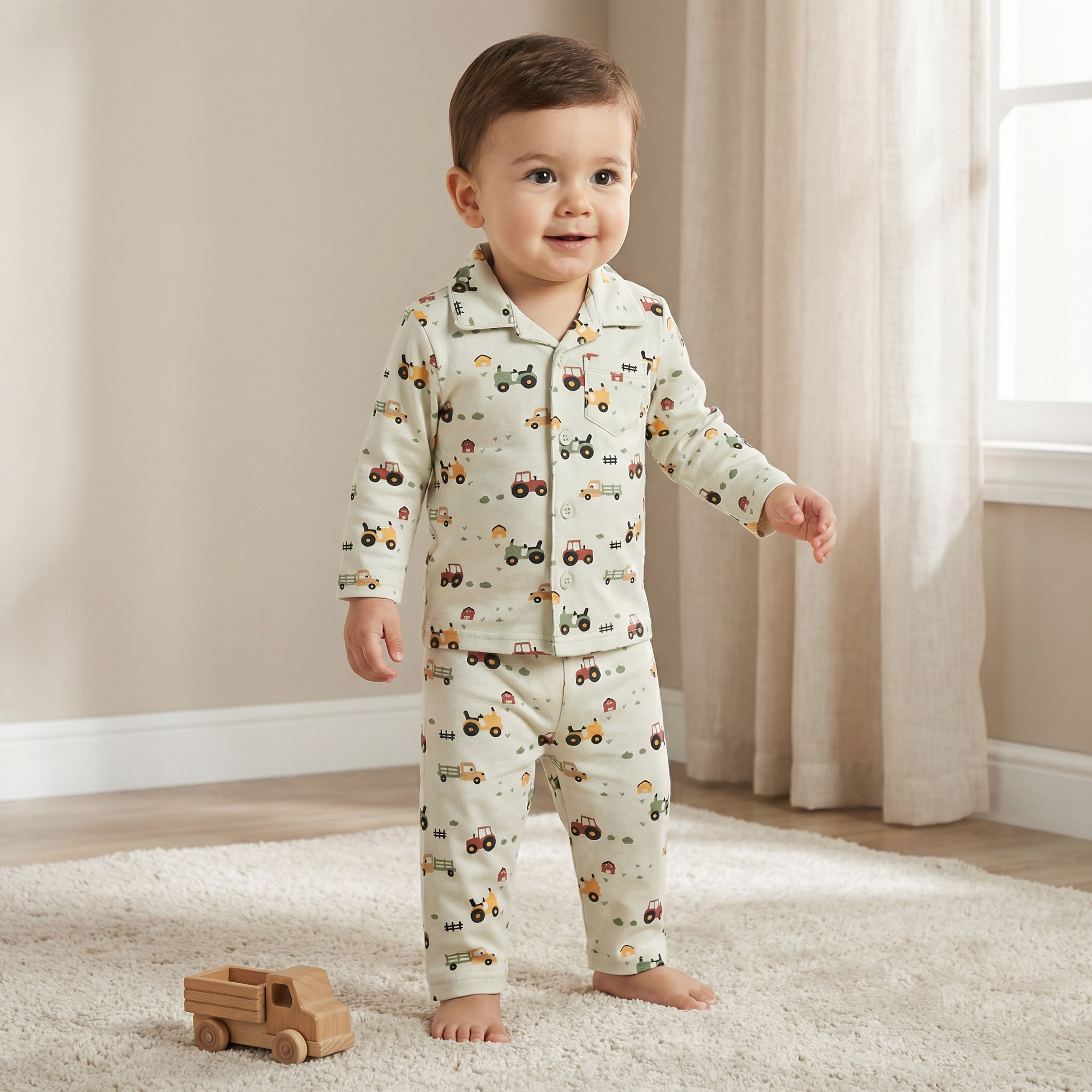 Juniors Cotton Collared Long Sleeves Pyjama Set with Farm Print-baby-boys-clothing-nightwear-pyjamasets-image-2