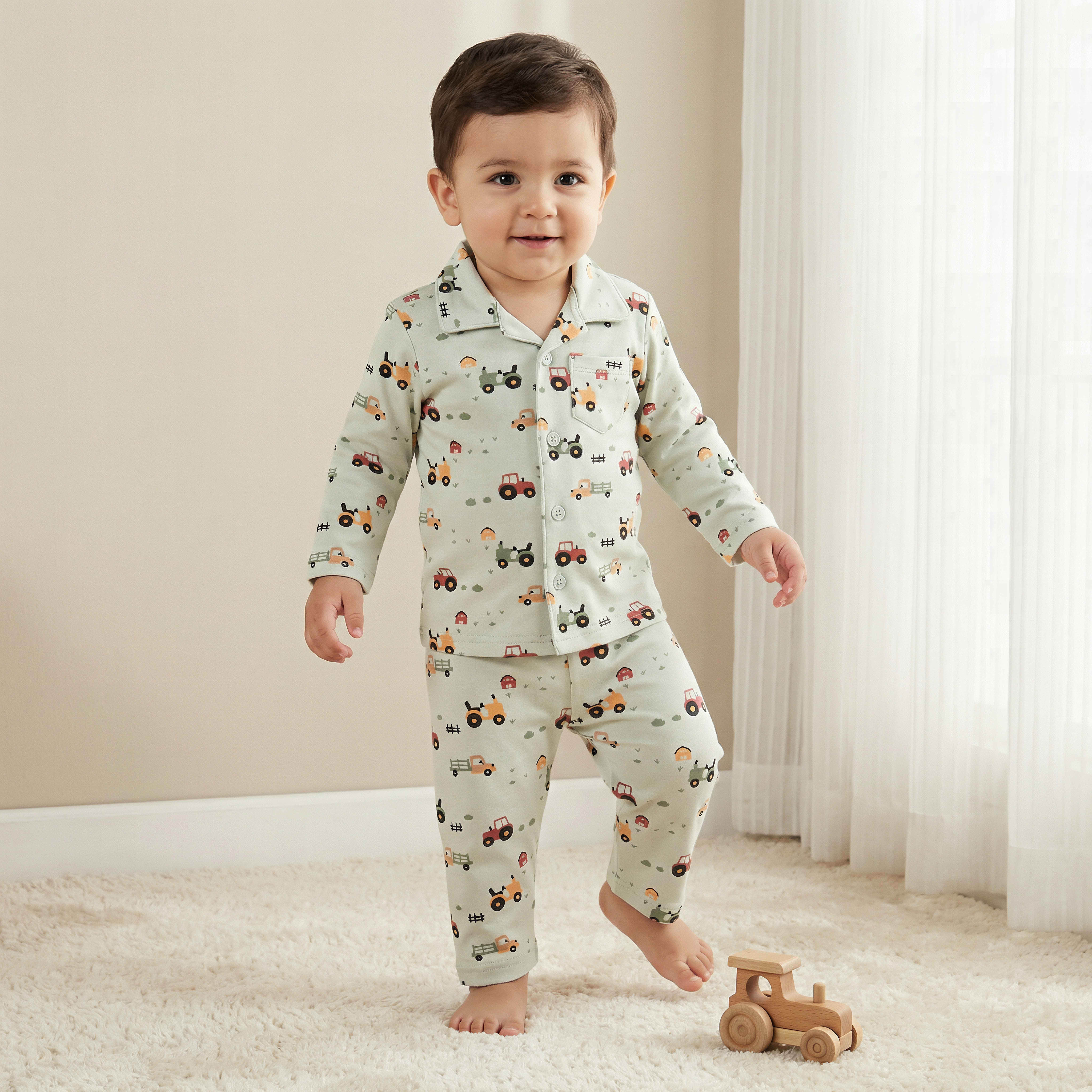 Juniors Cotton Collared Long Sleeves Pyjama Set with Farm Print-baby-boys-clothing-nightwear-pyjamasets-image-1