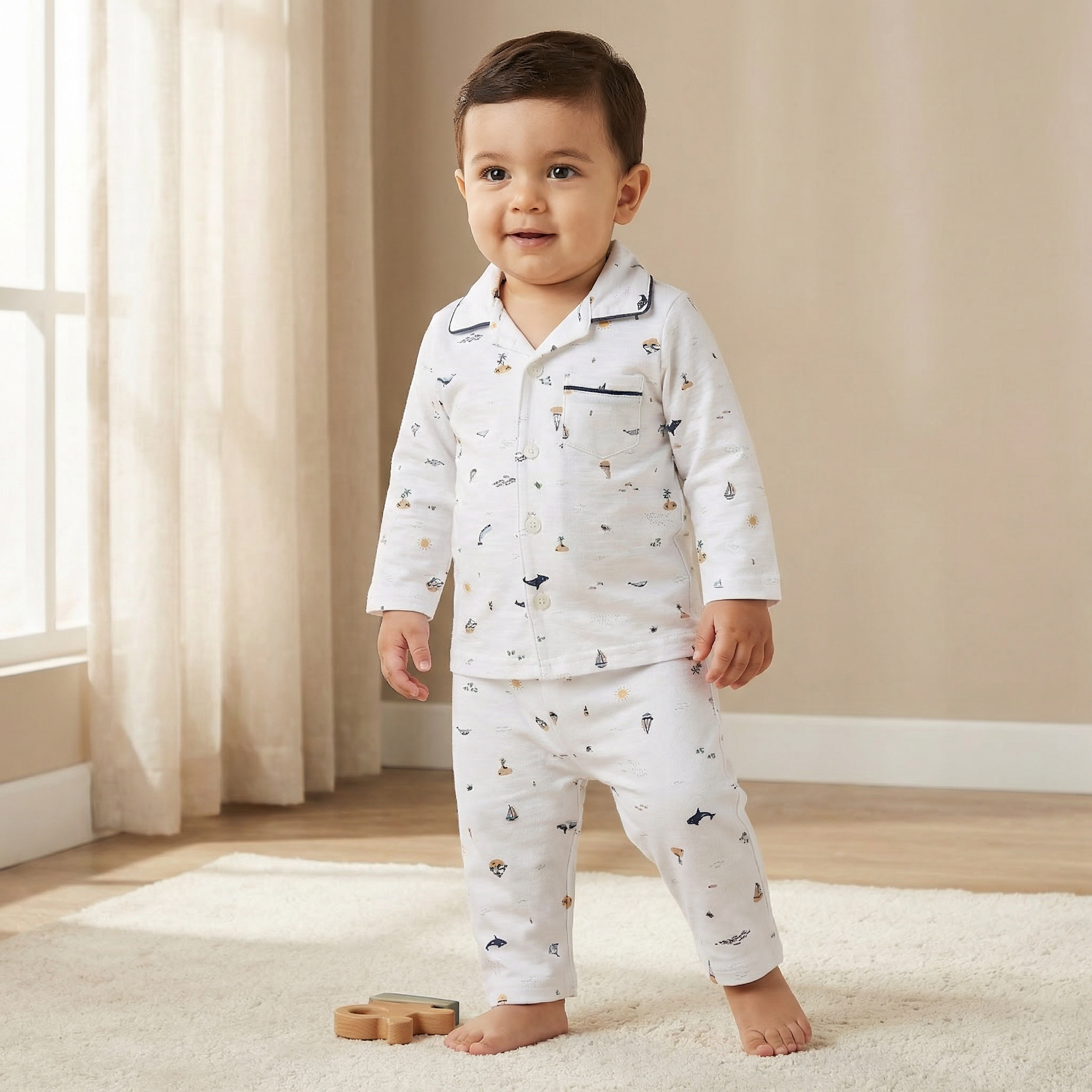Juniors Cotton Collared Long Sleeves Pyjama Set with Beach Print-baby-boys-clothing-nightwear-pyjamasets-image-2