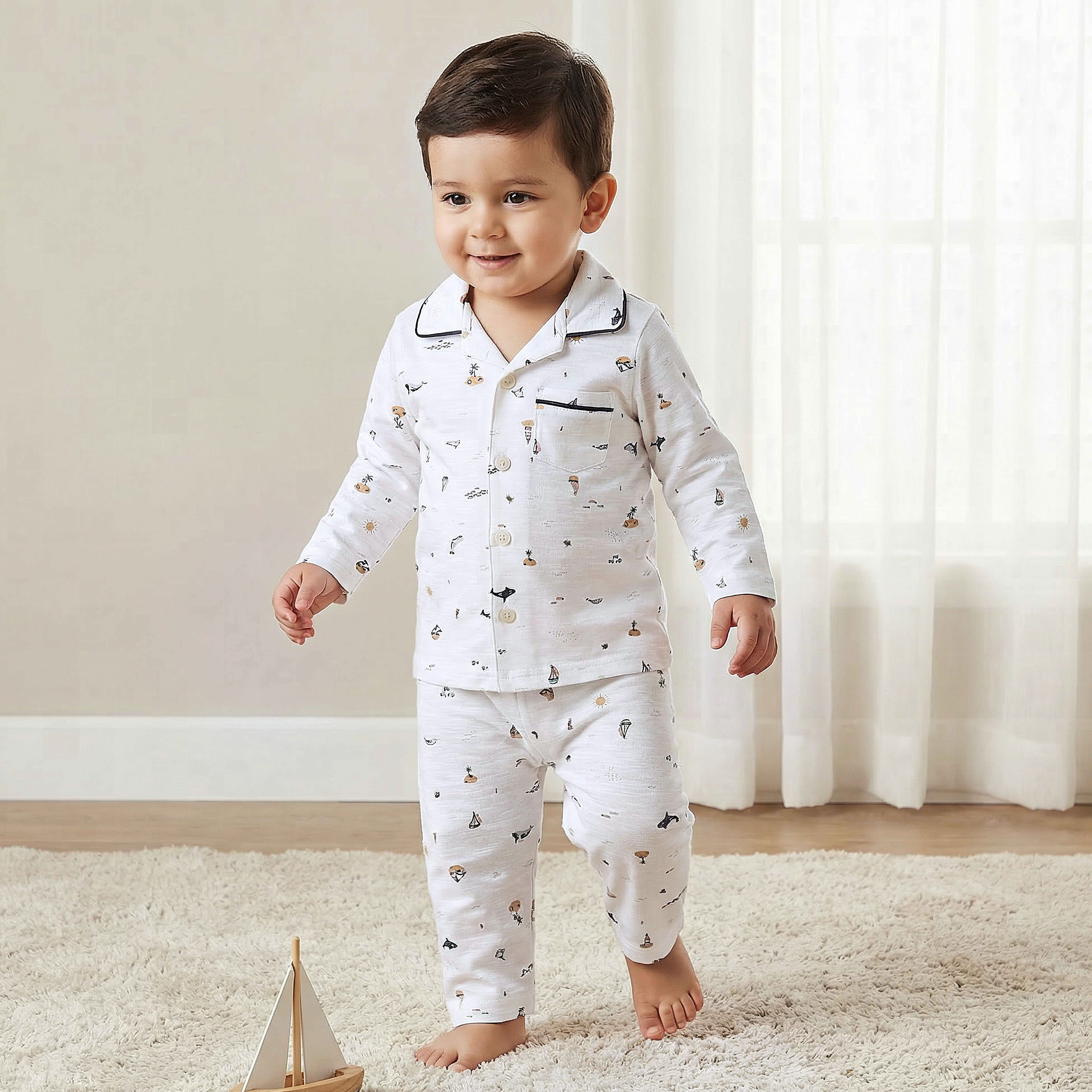 Juniors Cotton Collared Long Sleeves Pyjama Set with Beach Print-baby-boys-clothing-nightwear-pyjamasets-image-1
