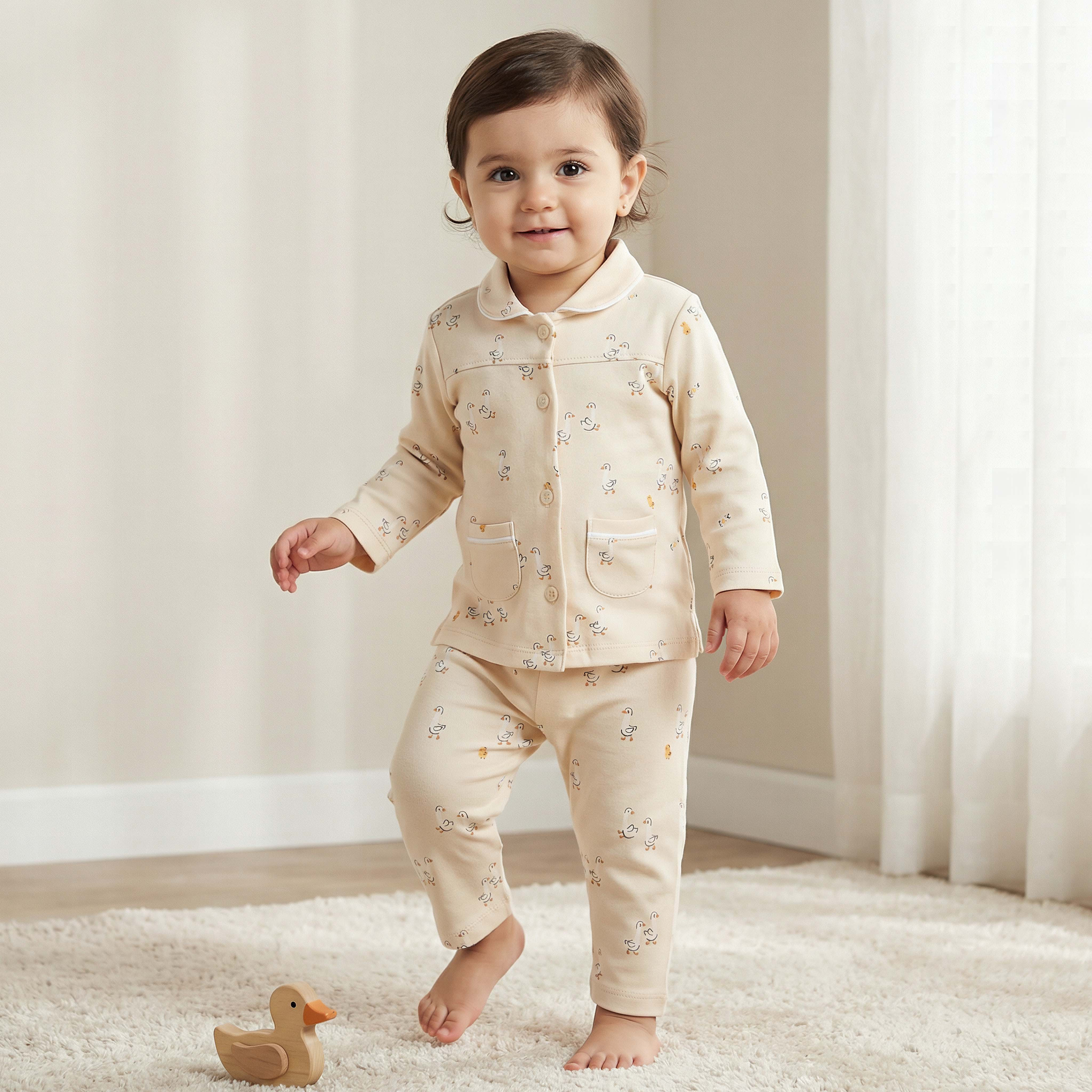 Juniors Cotton Collared Long Sleeves Pyjama Set with Duck Print-baby-girls-clothing-nightwear-pyjamasets-image-1