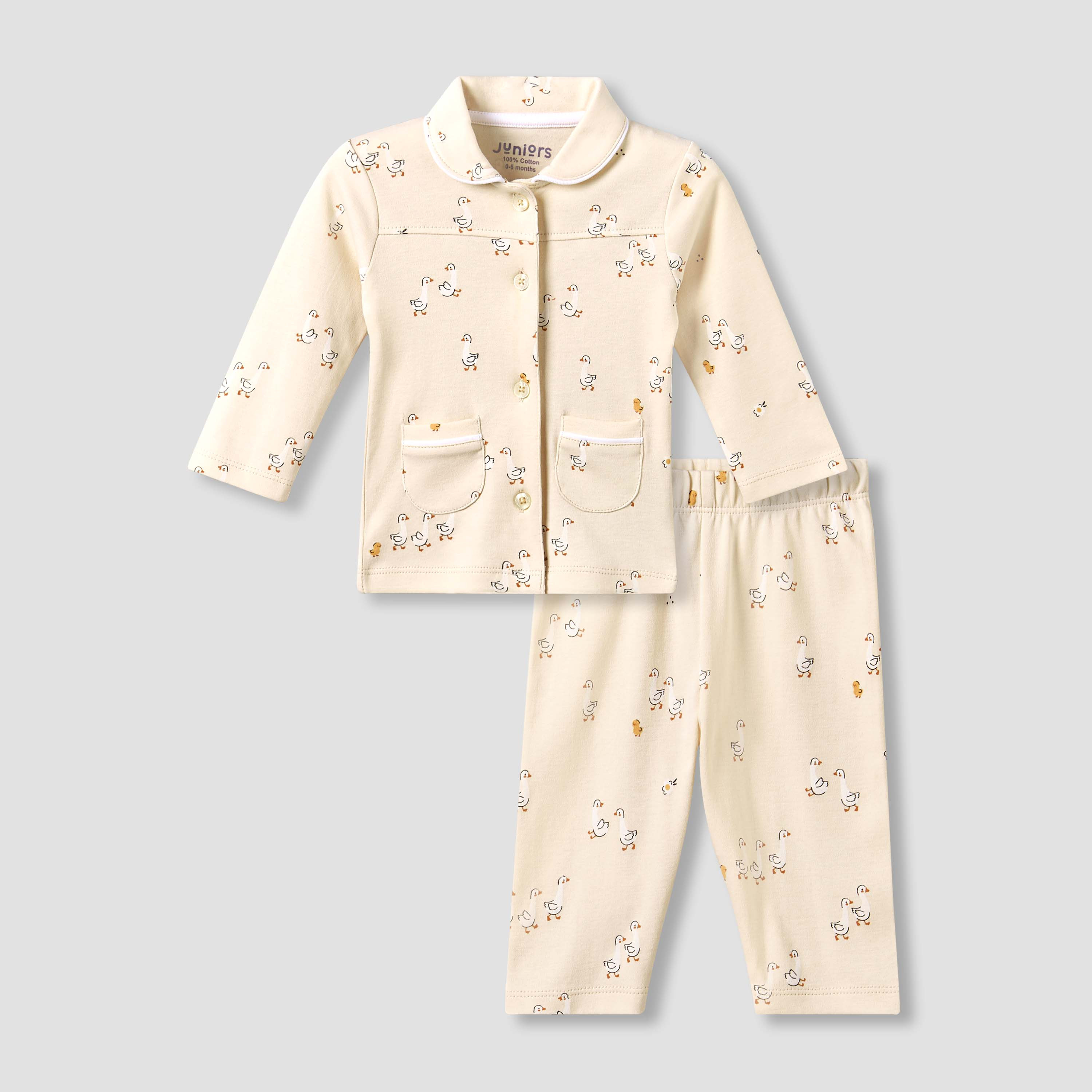 Juniors Cotton Collared Long Sleeves Pyjama Set with Duck Print-baby-girls-clothing-nightwear-pyjamasets-image-2