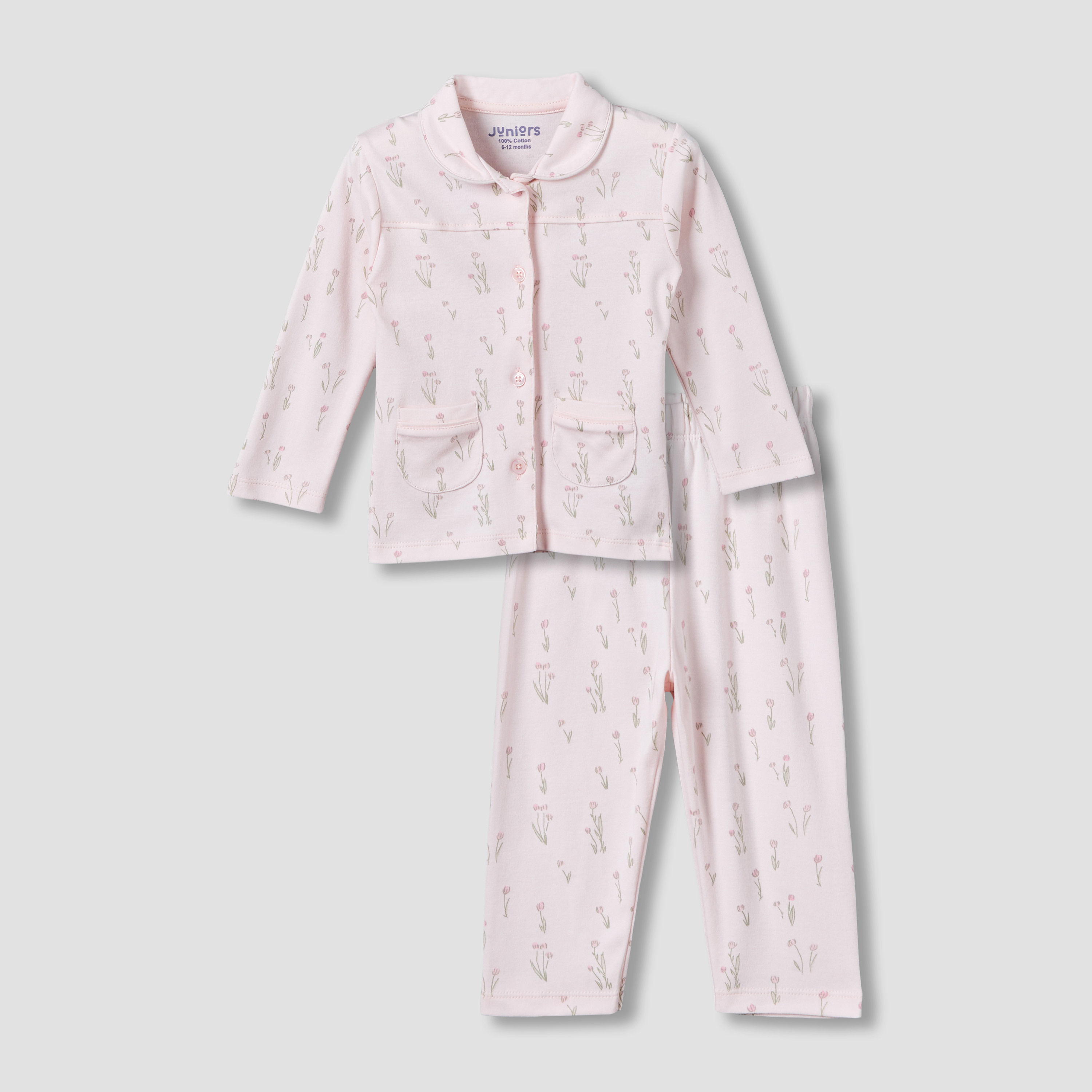 Juniors Cotton Collared Long Sleeves Pyjama Set with Floral Print-baby-girls-clothing-nightwear-pyjamasets-image-2