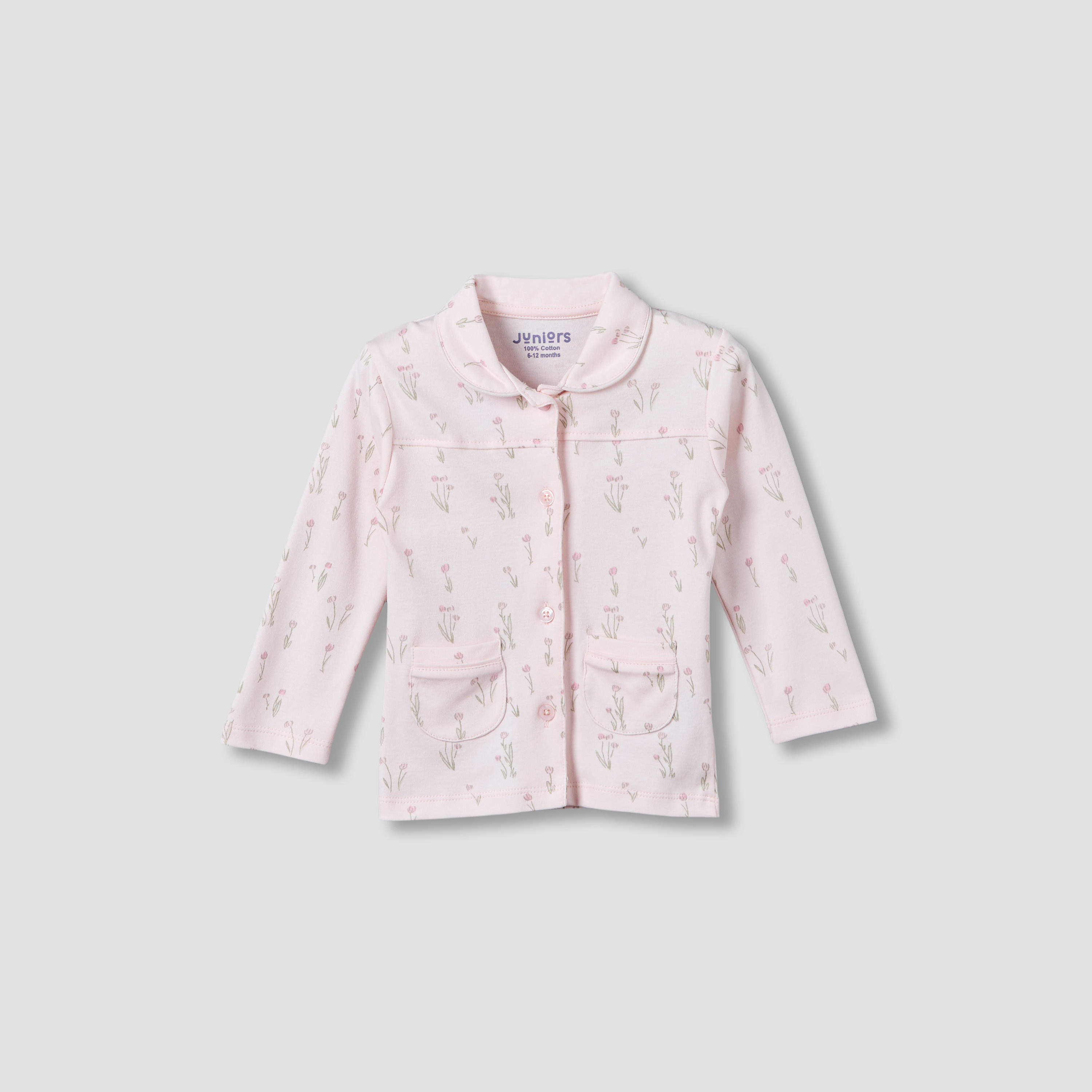 Juniors Cotton Collared Long Sleeves Pyjama Set with Floral Print-baby-girls-clothing-nightwear-pyjamasets-image-3