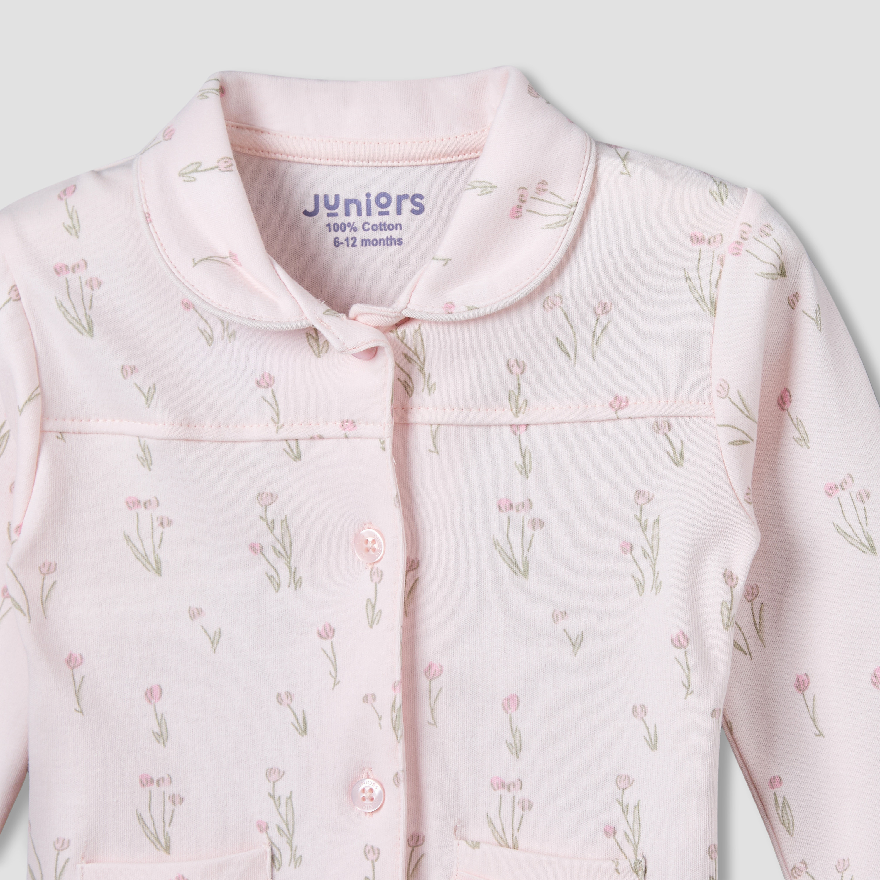 Juniors Cotton Collared Long Sleeves Pyjama Set with Floral Print-baby-girls-clothing-nightwear-pyjamasets-image-5