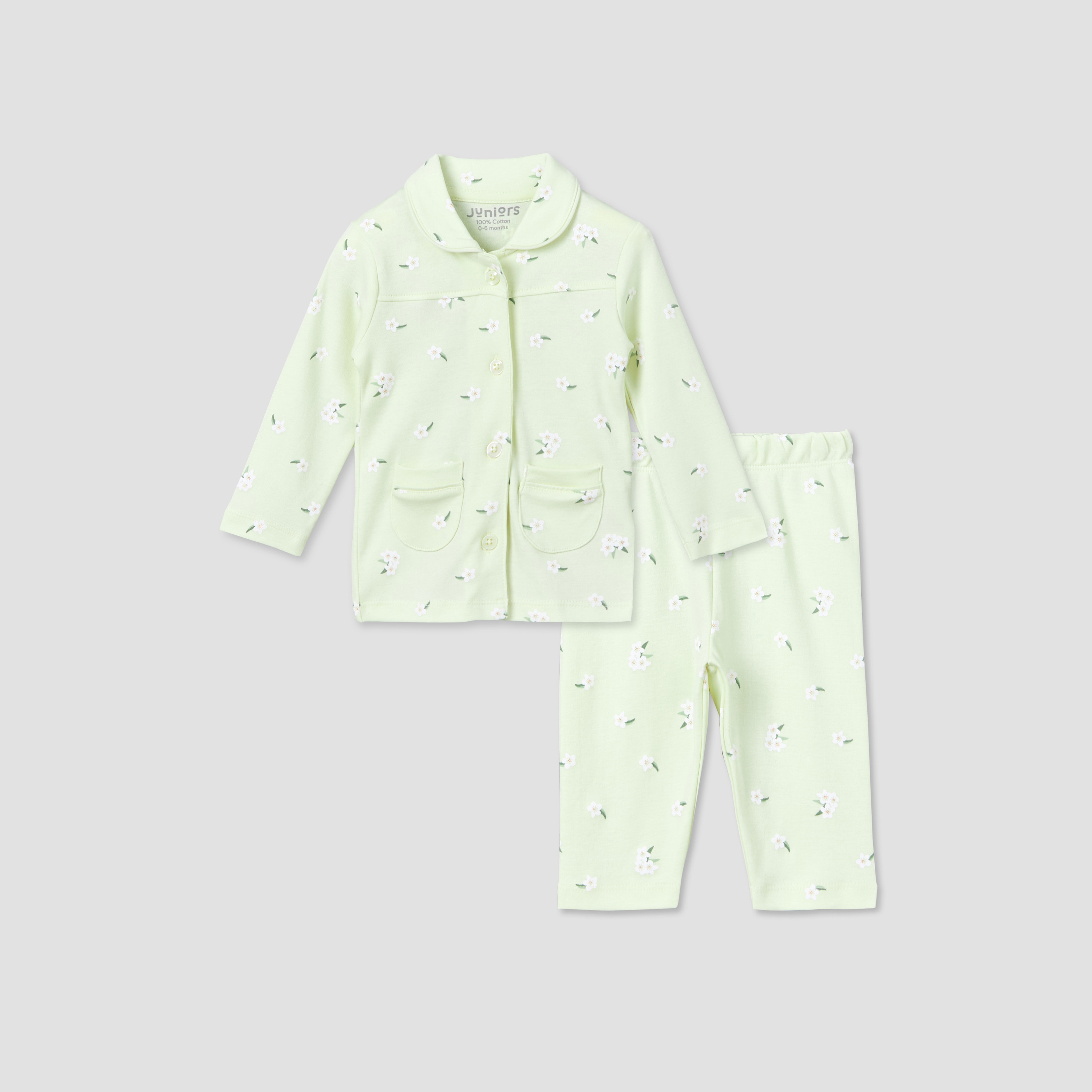 Juniors Cotton Collared Long Sleeve Pyjama Set with Floral Print-baby-girls-clothing-nightwear-pyjamasets-image-1
