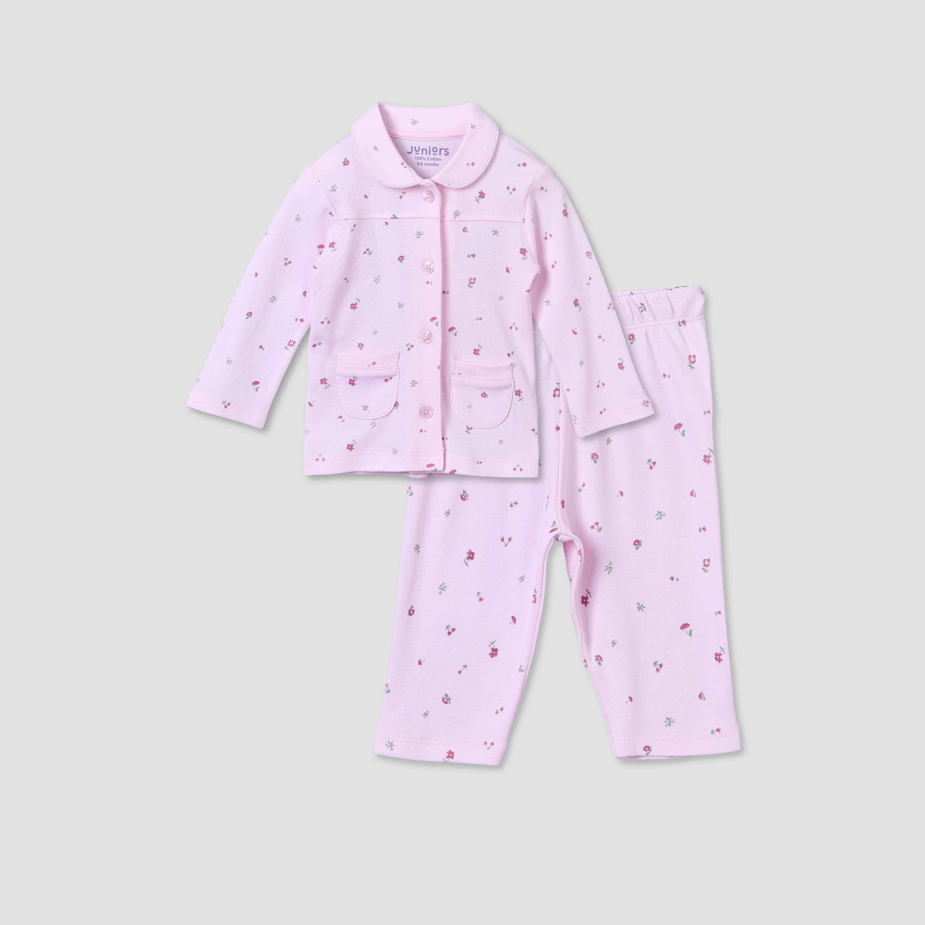 Juniors Cotton Collared Long Sleeve Pyjama Set with Floral Print-baby-girls-clothing-nightwear-pyjamasets-image-1