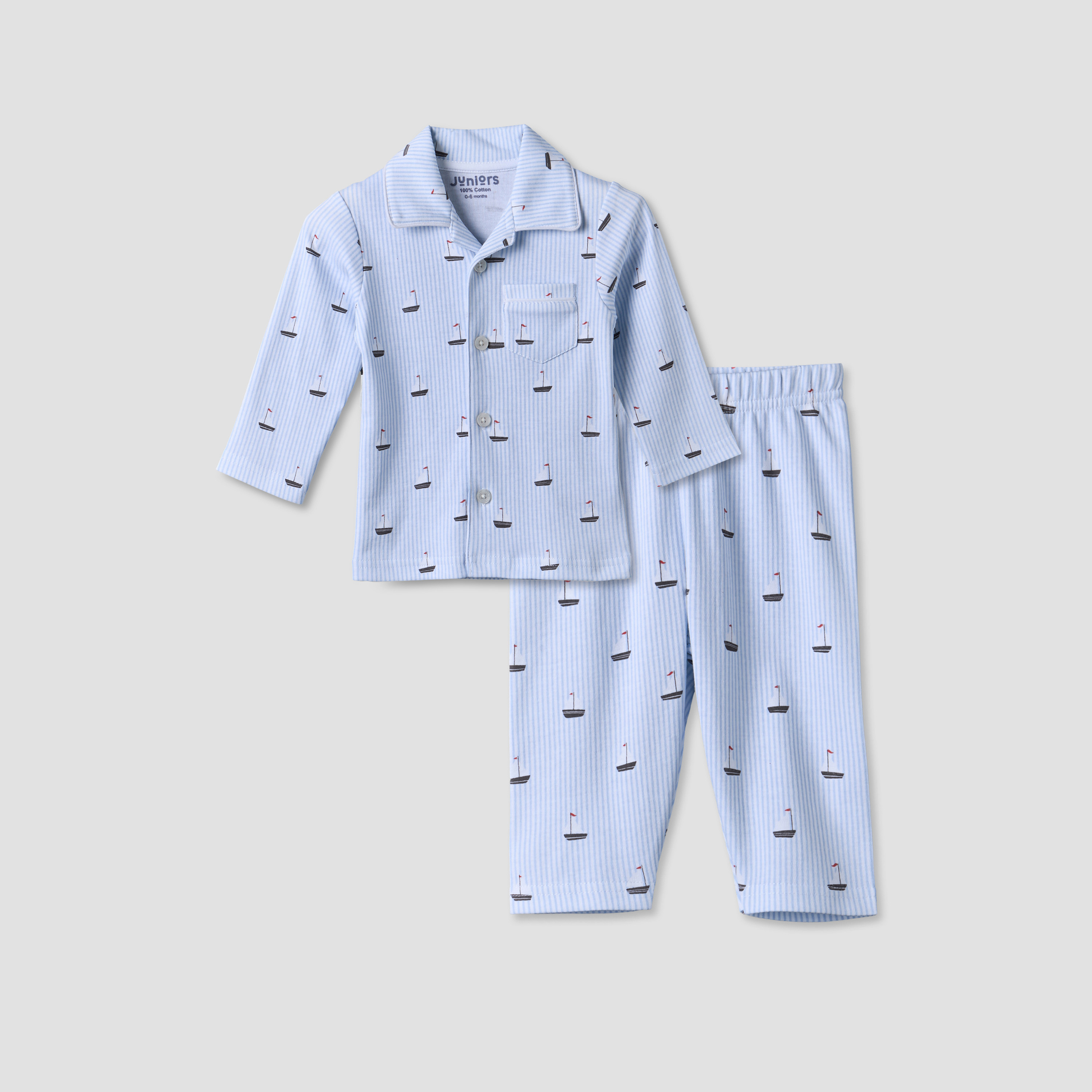 Juniors Cotton Collared Long Sleeves Pyjama Set with Nautical Print-baby-boys-clothing-nightwear-pyjamasets-image-2