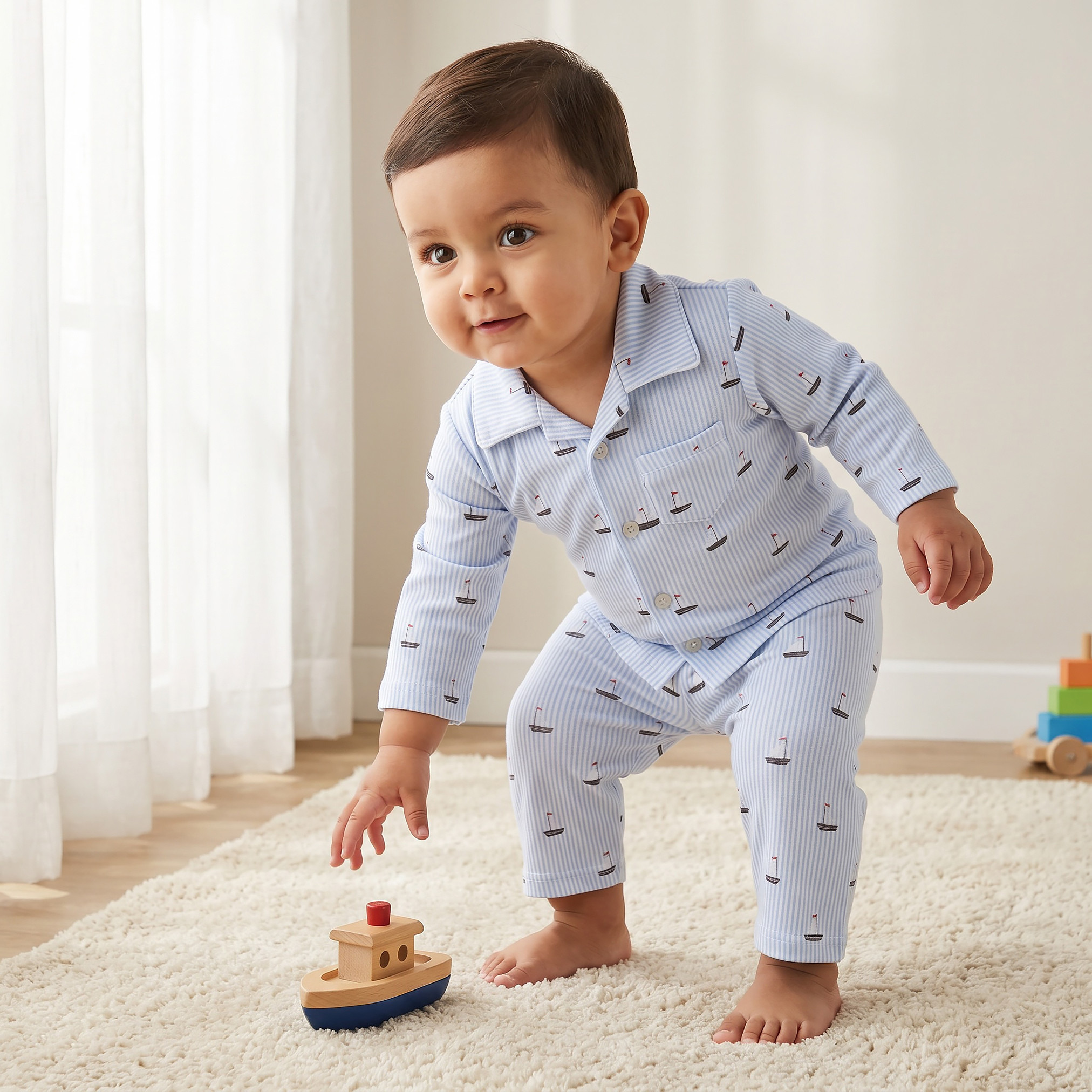 Juniors Cotton Collared Long Sleeves Pyjama Set with Nautical Print-baby-boys-clothing-nightwear-pyjamasets-image-1