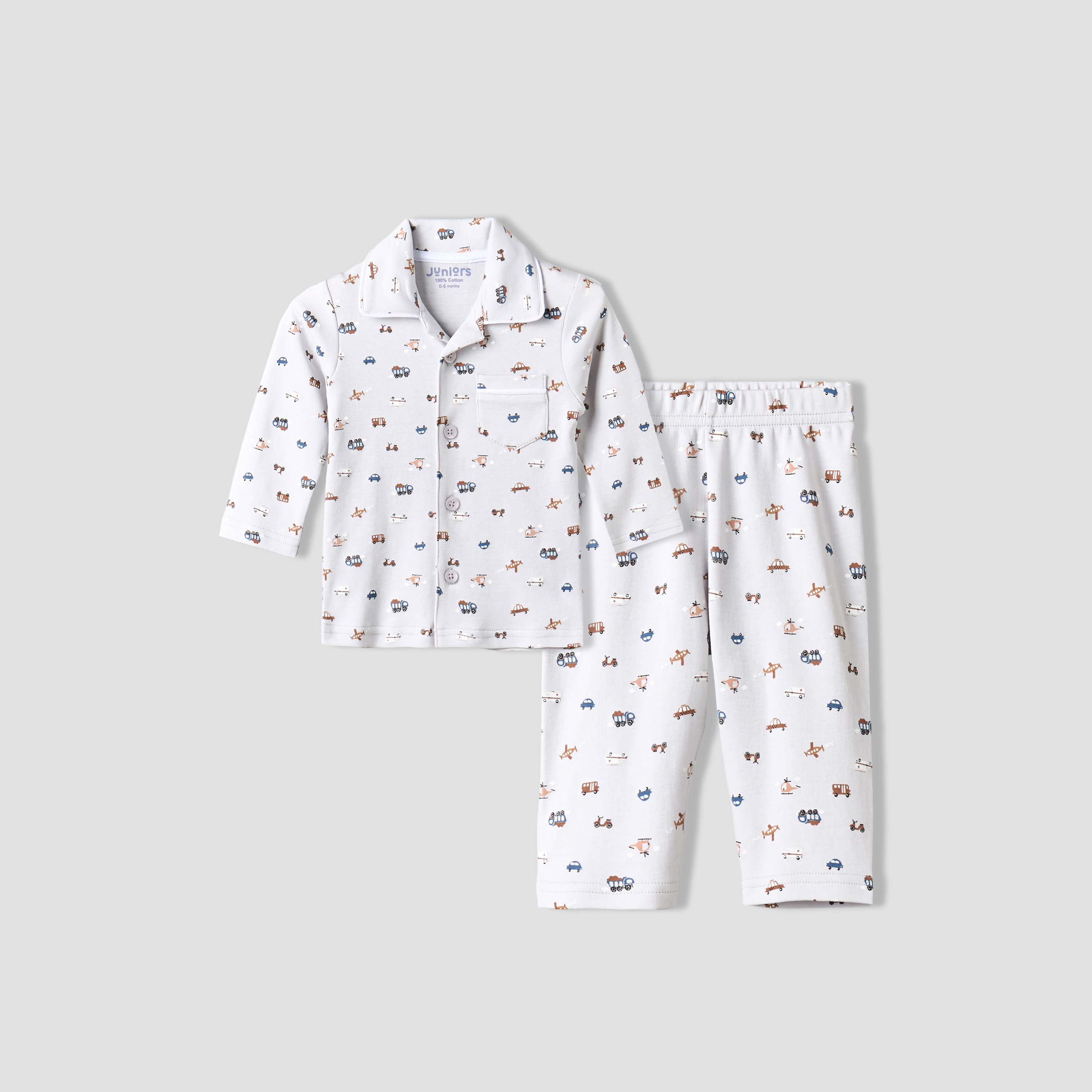 Juniors Cotton Collared Long Sleeve Pyjama Set with Vehicle Print-baby-boys-clothing-nightwear-pyjamasets-image-2
