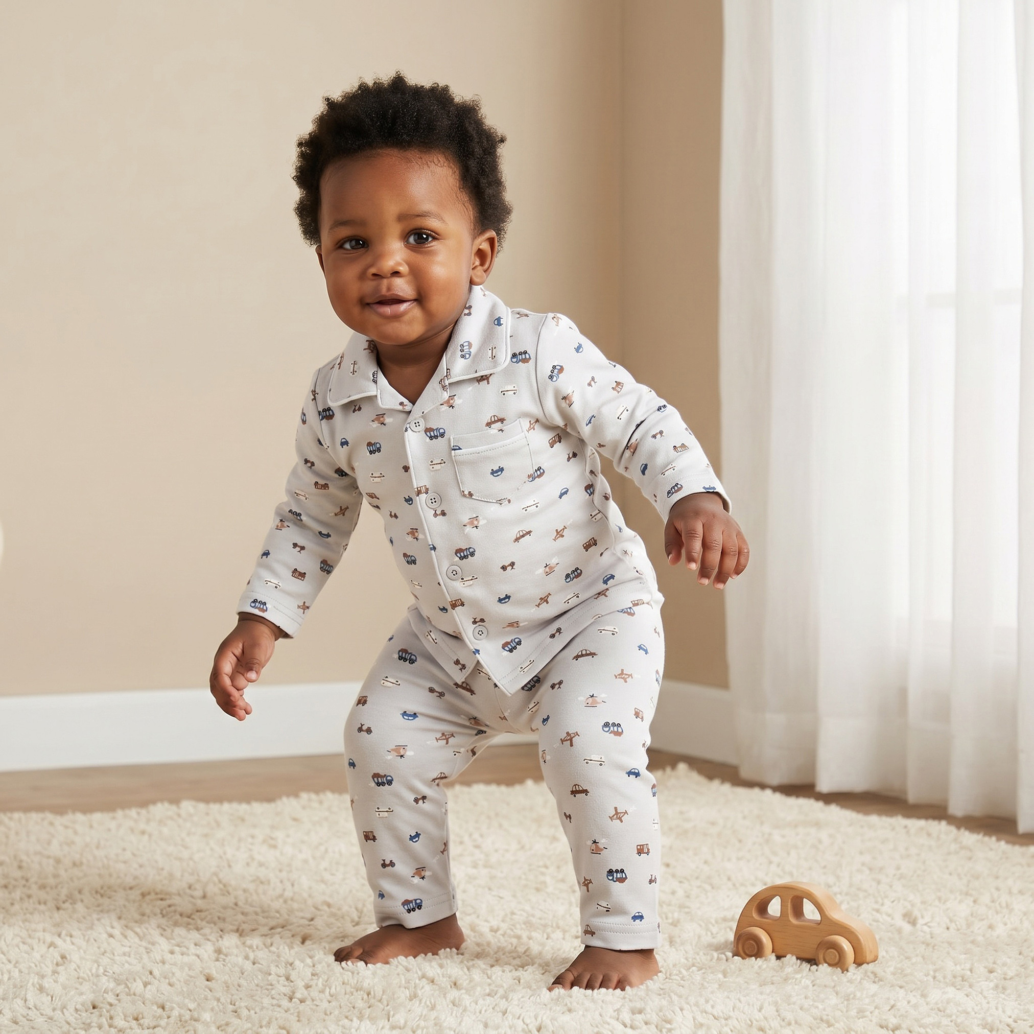 Juniors Cotton Collared Long Sleeve Pyjama Set with Vehicle Print-baby-boys-clothing-nightwear-pyjamasets-image-1