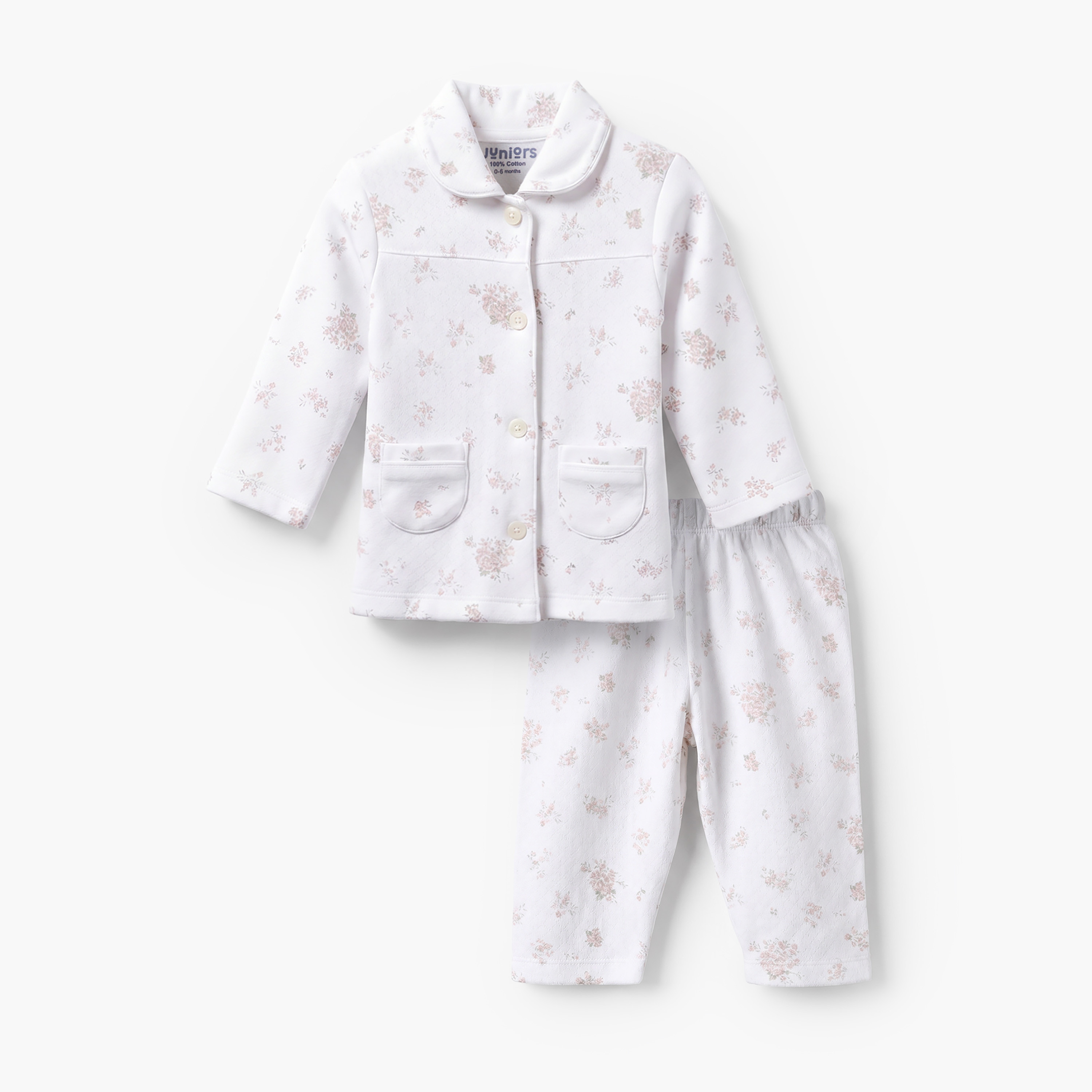 Juniors Cotton Collared Long Sleeve Pyjama Set with Floral Print-baby-girls-clothing-nightwear-pyjamasets-image-2