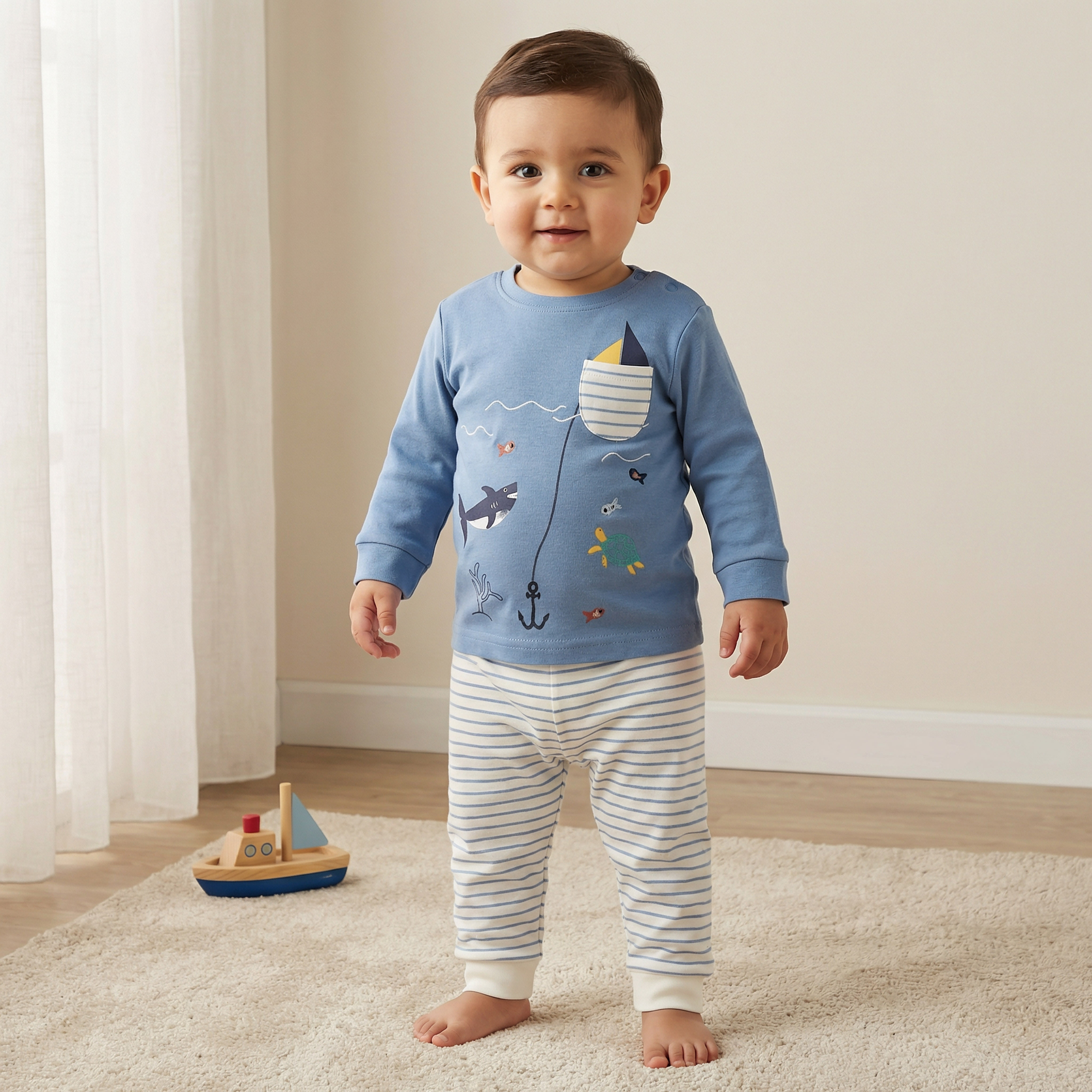 طقم بيجاما قطن مطرز بأكمام طويلة من جونيورز-baby-boys-clothing-nightwear-pyjamasets-image-1