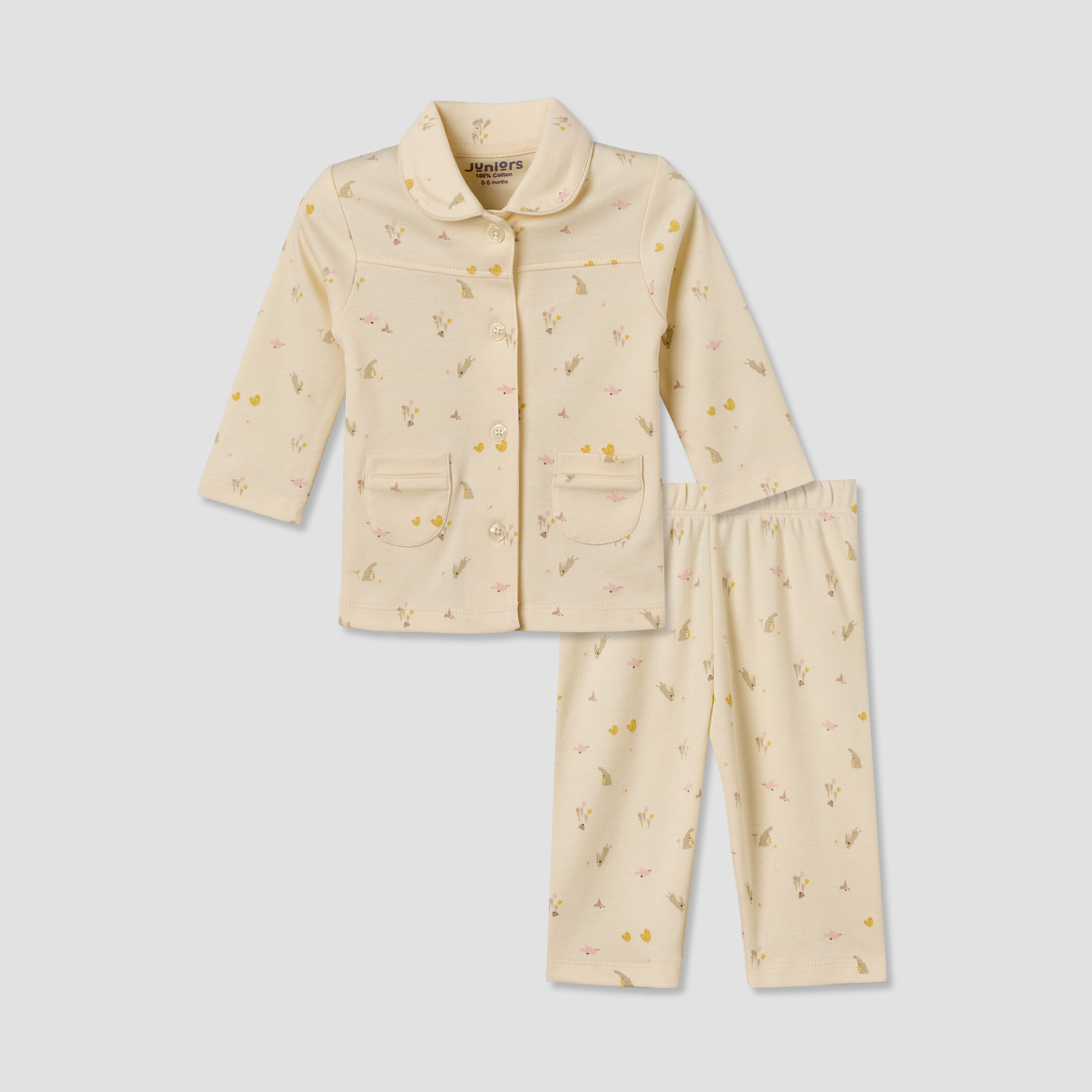 Juniors Cotton Collared Long Sleeves Pyjama Set with Bunny Print-baby-girls-clothing-nightwear-pyjamasets-image-2
