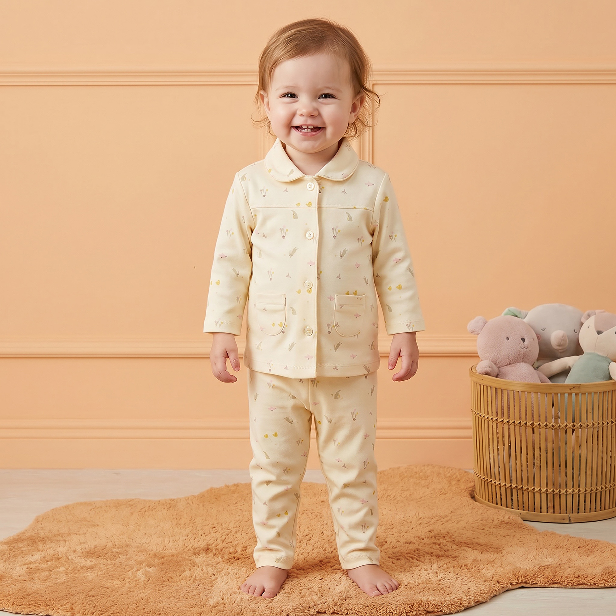Juniors Cotton Collared Long Sleeves Pyjama Set with Bunny Print-baby-girls-clothing-nightwear-pyjamasets-image-1