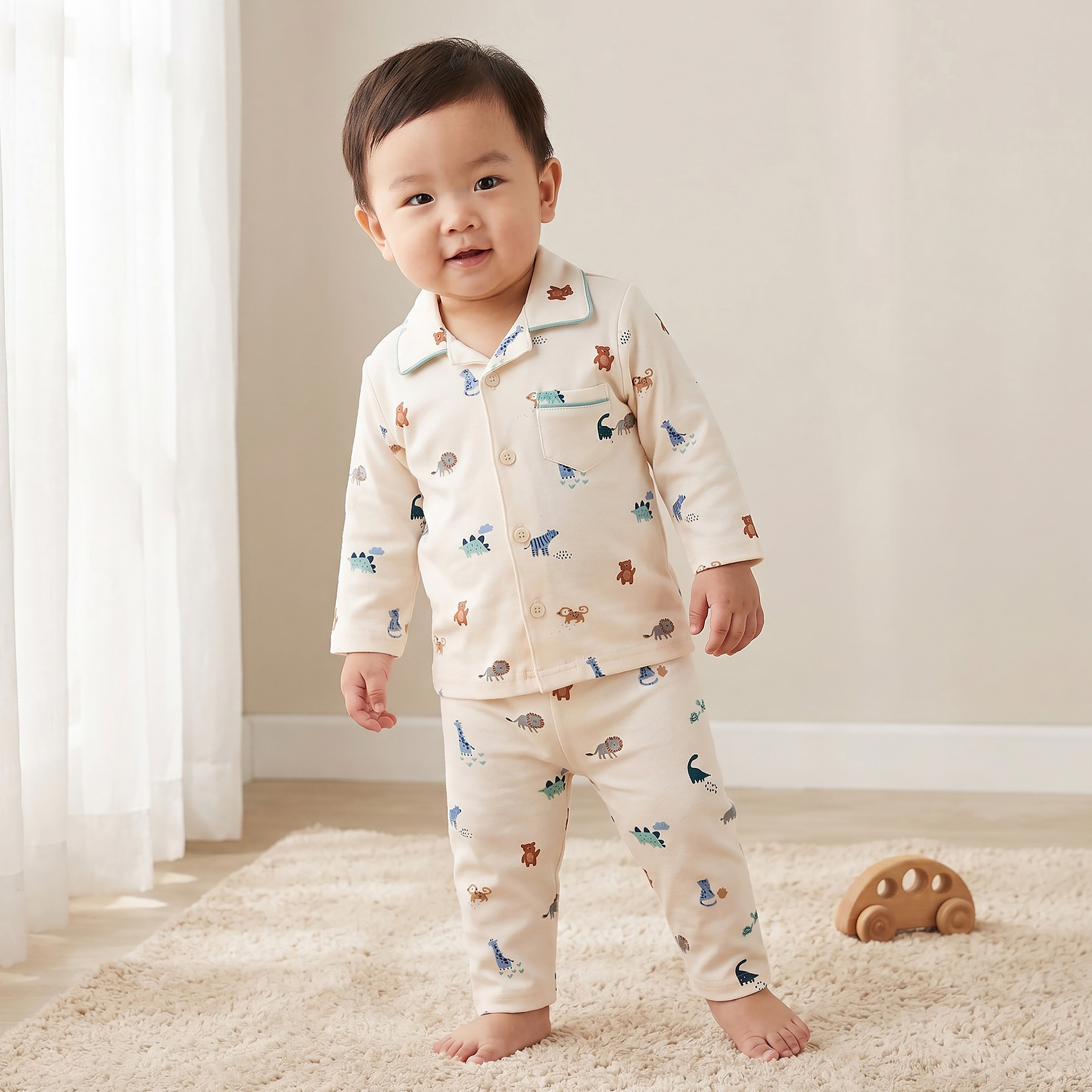 Juniors Cotton Collared Long Sleeves Pyjama Set with Safari Print-baby-boys-clothing-nightwear-pyjamasets-image-1