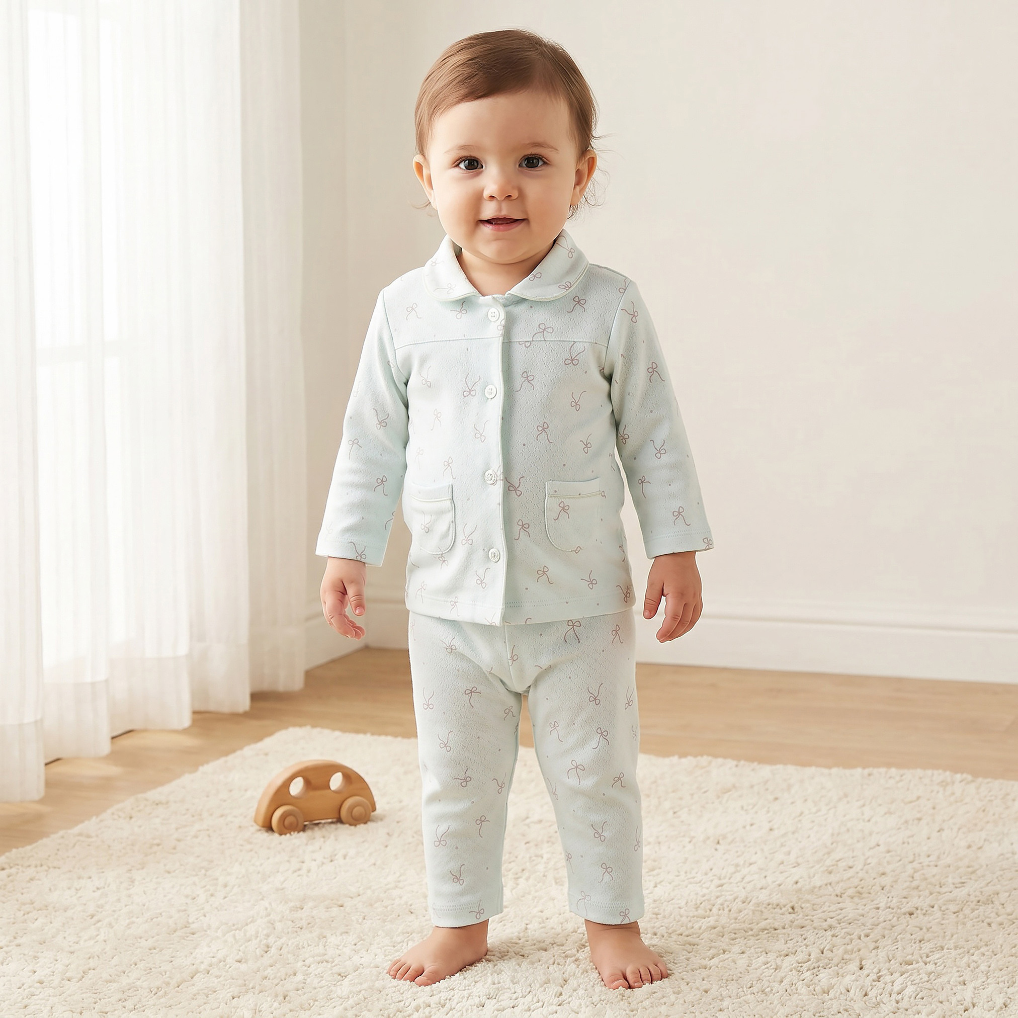 Juniors Cotton Collared Long Sleeves Pyjama Set with Bow Print-baby-girls-clothing-nightwear-pyjamasets-image-1