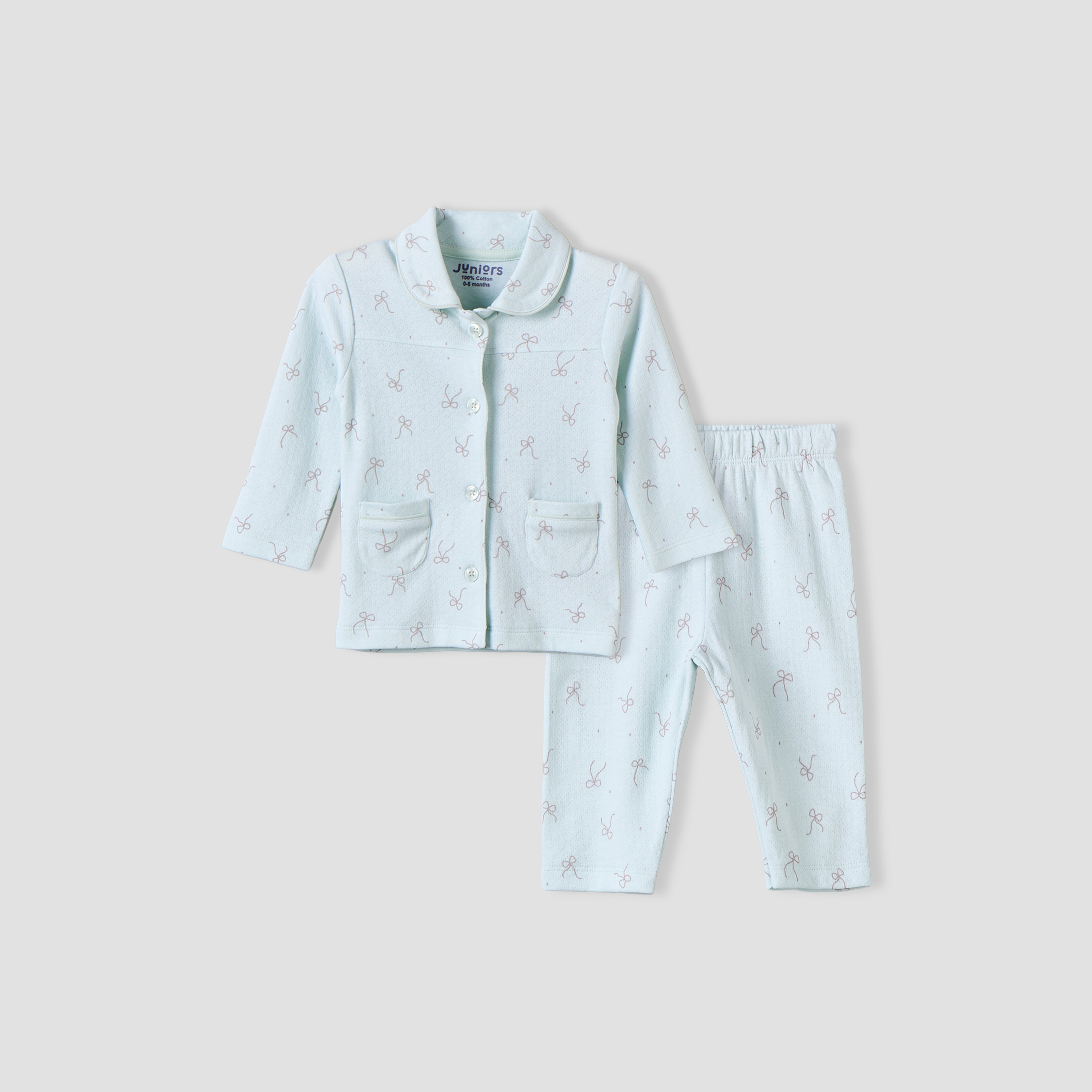 Juniors Cotton Collared Long Sleeves Pyjama Set with Bow Print-baby-girls-clothing-nightwear-pyjamasets-image-2