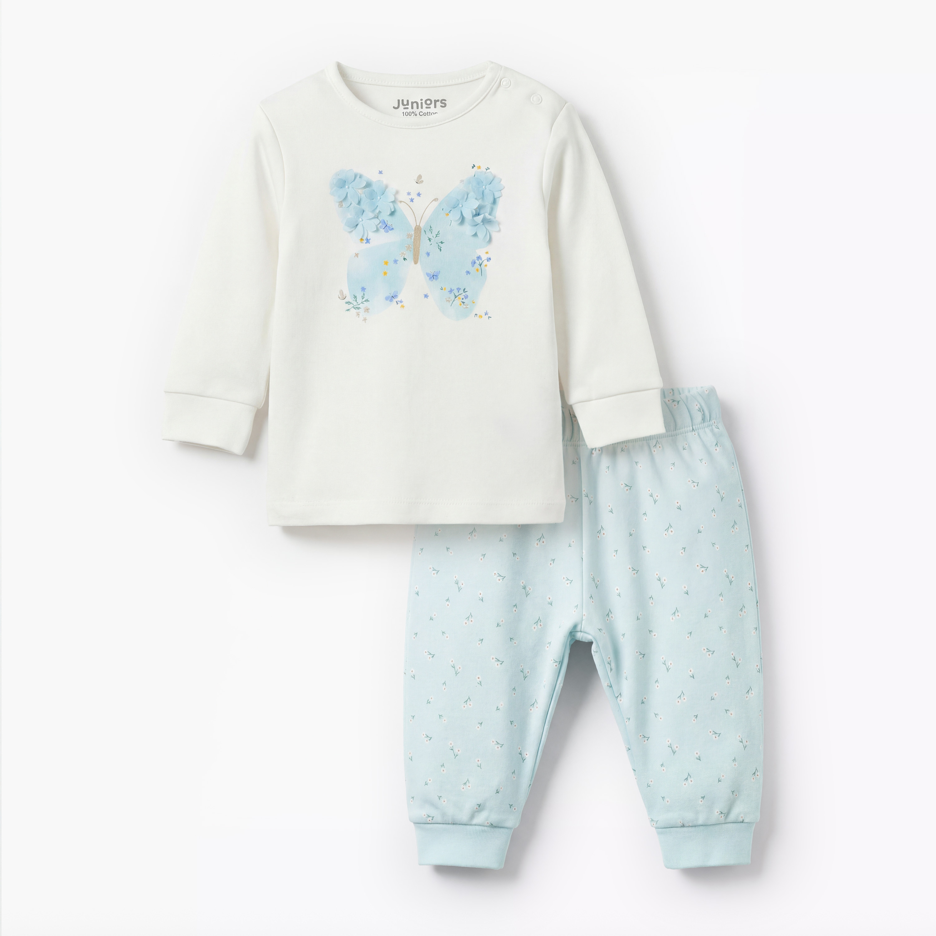 Juniors Cotton Long Sleeves Pyjama Set with Floral Applique Detail-baby-girls-clothing-nightwear-pyjamasets-image-2