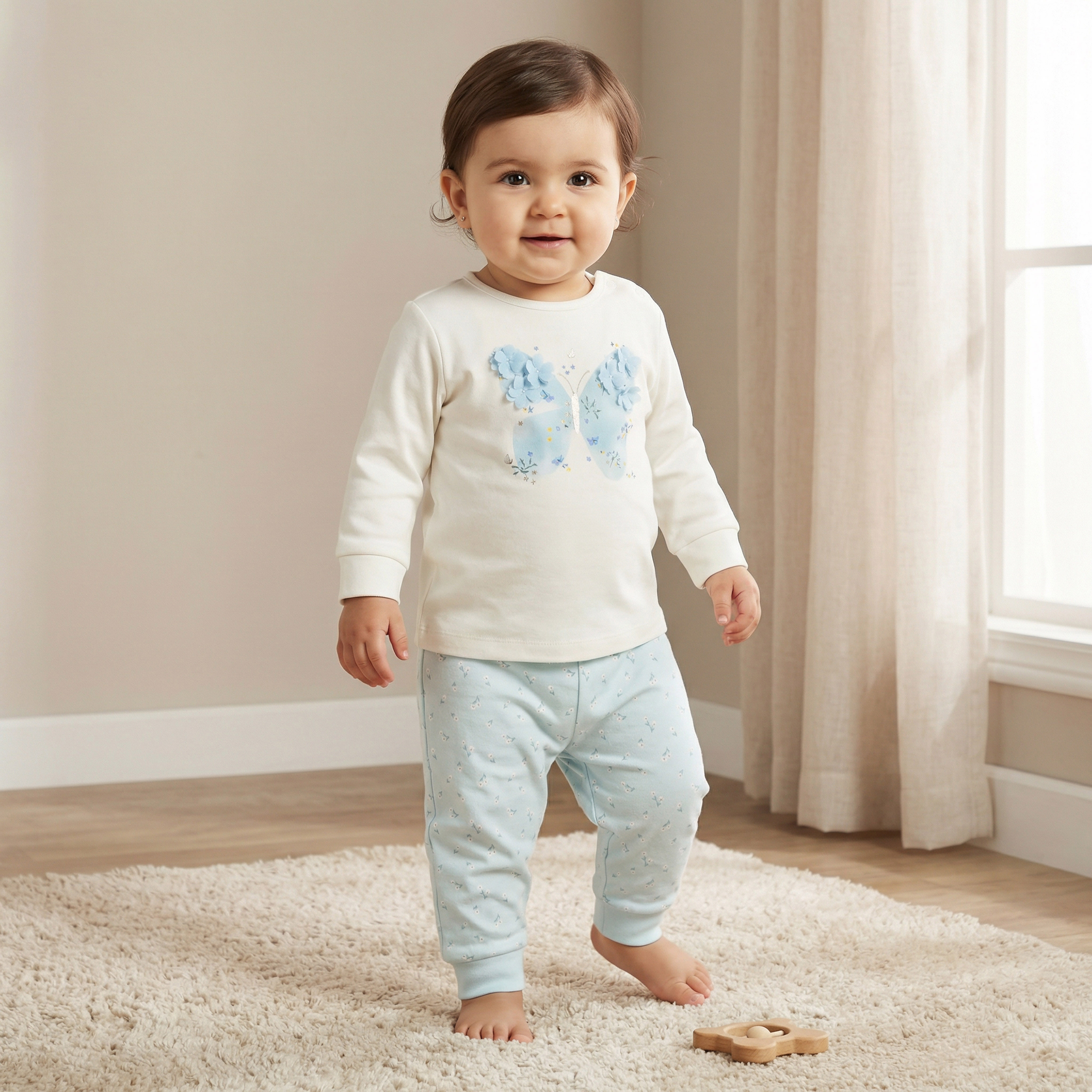 Juniors Cotton Long Sleeves Pyjama Set with Floral Applique Detail-baby-girls-clothing-nightwear-pyjamasets-image-1