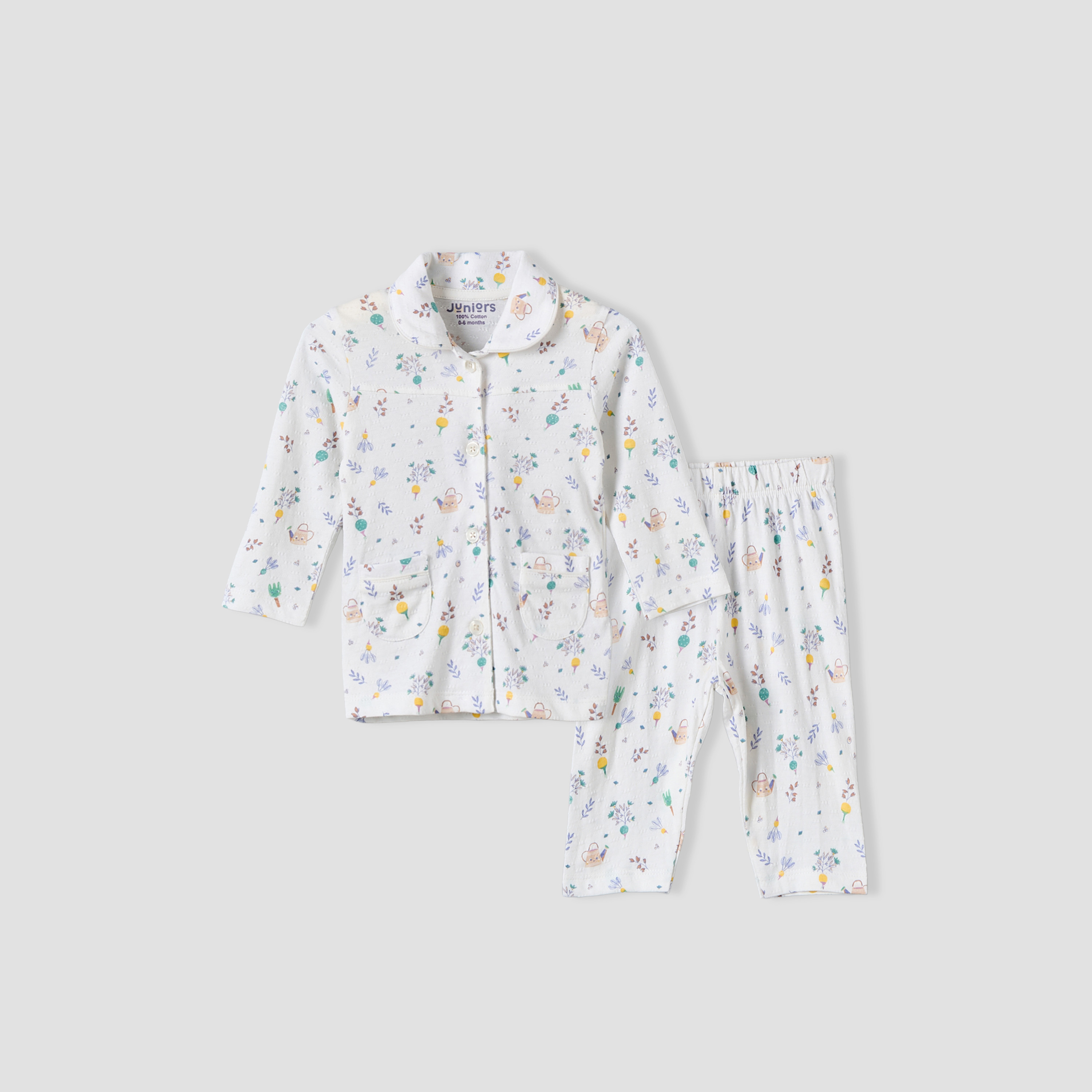 Juniors Cotton Collared Long Sleeves Pyjama Set with Botanical Print-baby-girls-clothing-nightwear-pyjamasets-image-2