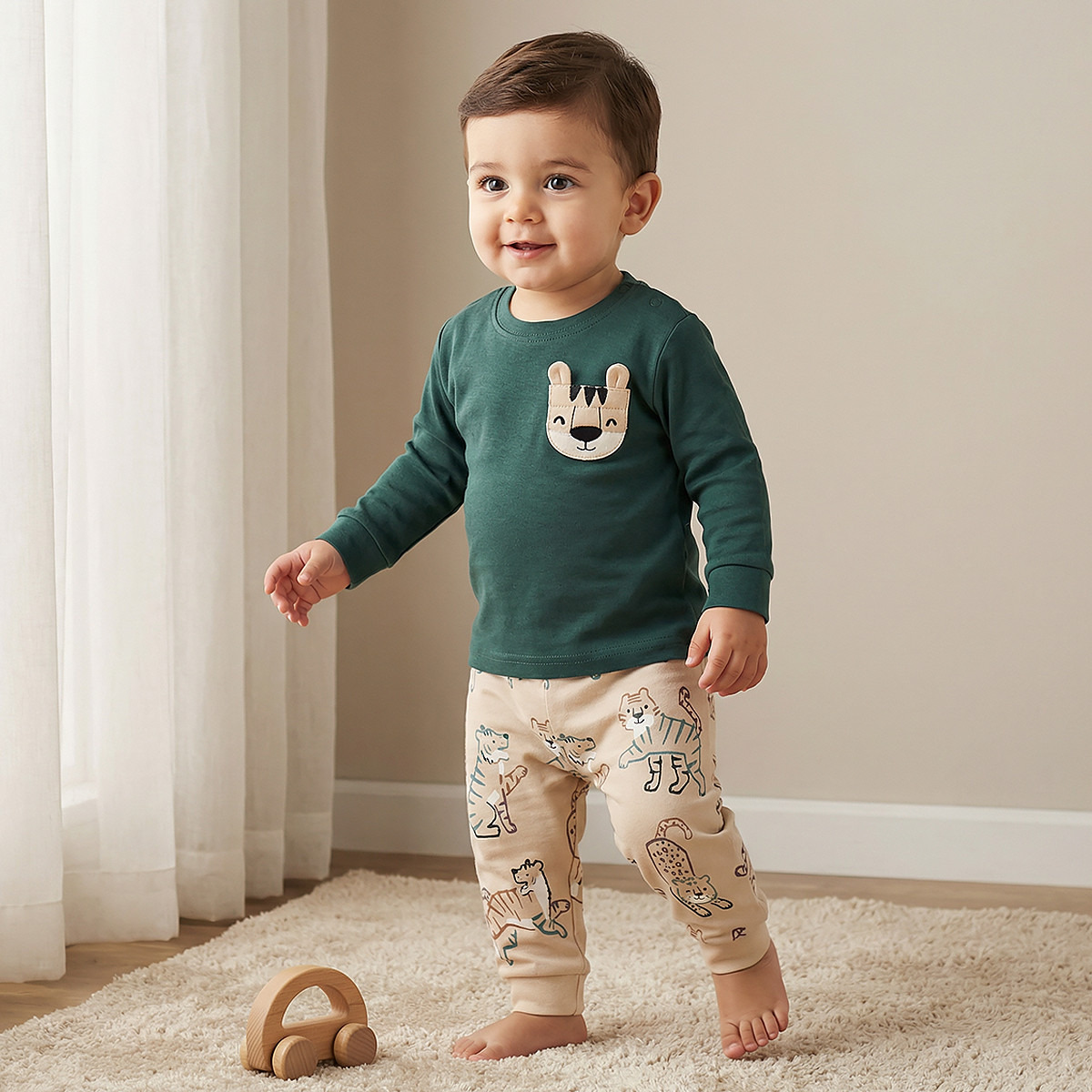 Juniors Cotton Long Sleeves Pyjama Set with Tiger Applique-baby-boys-clothing-nightwear-pyjamasets-image-1
