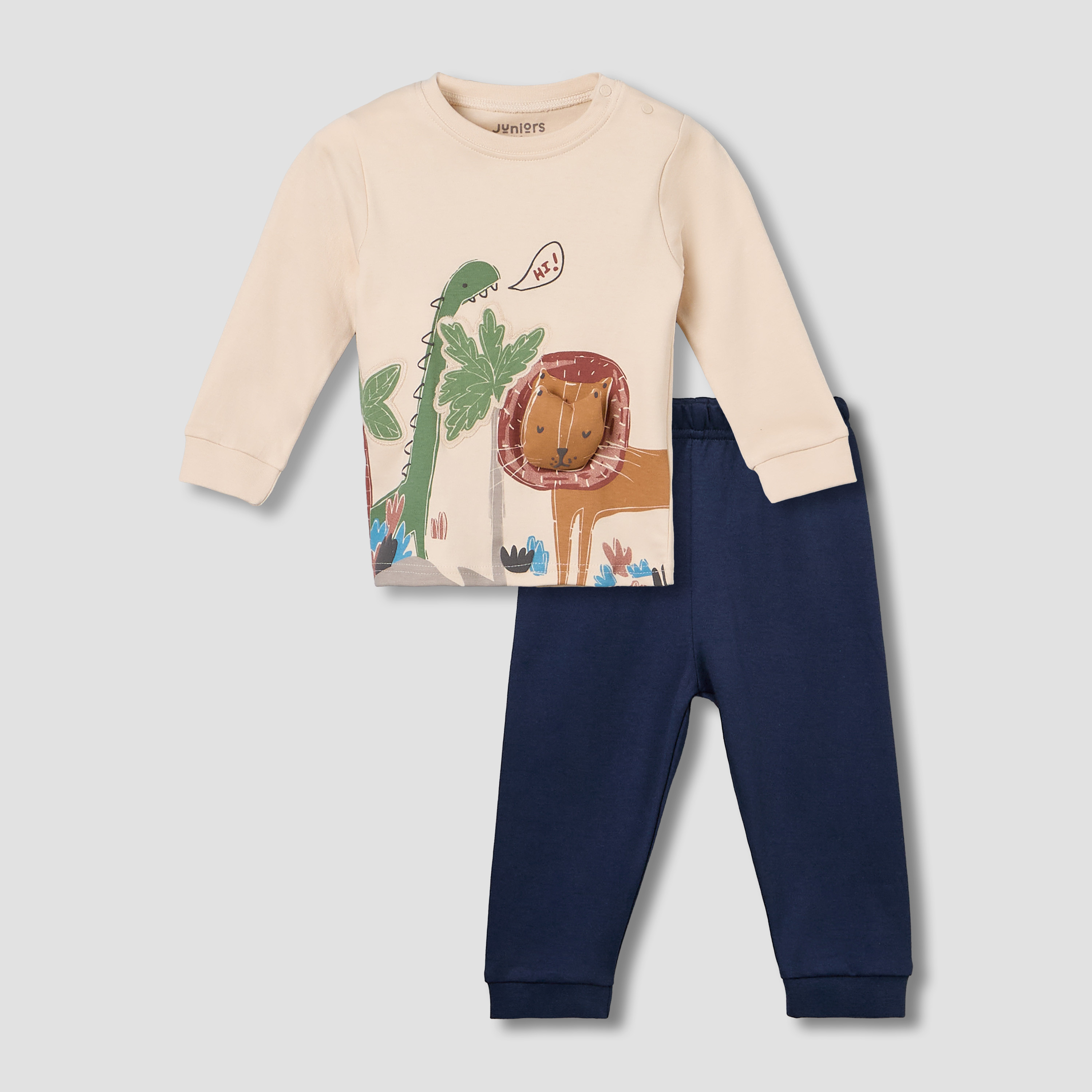 Juniors Cotton Crew Neck Long Sleeves Pyjama Set with Lion Applique-baby-boys-clothing-nightwear-pyjamasets-image-2