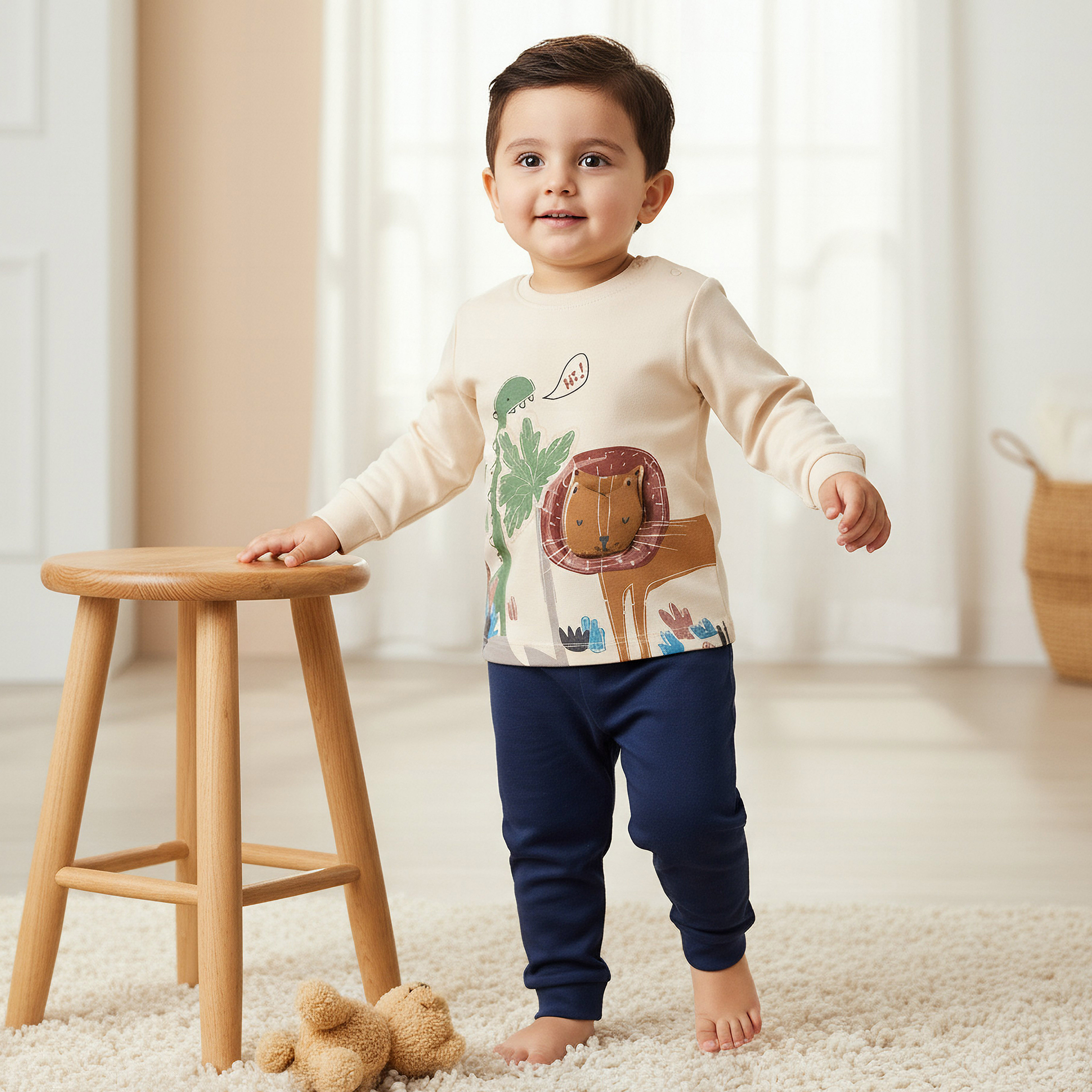 Juniors Cotton Crew Neck Long Sleeves Pyjama Set with Lion Applique-baby-boys-clothing-nightwear-pyjamasets-image-1