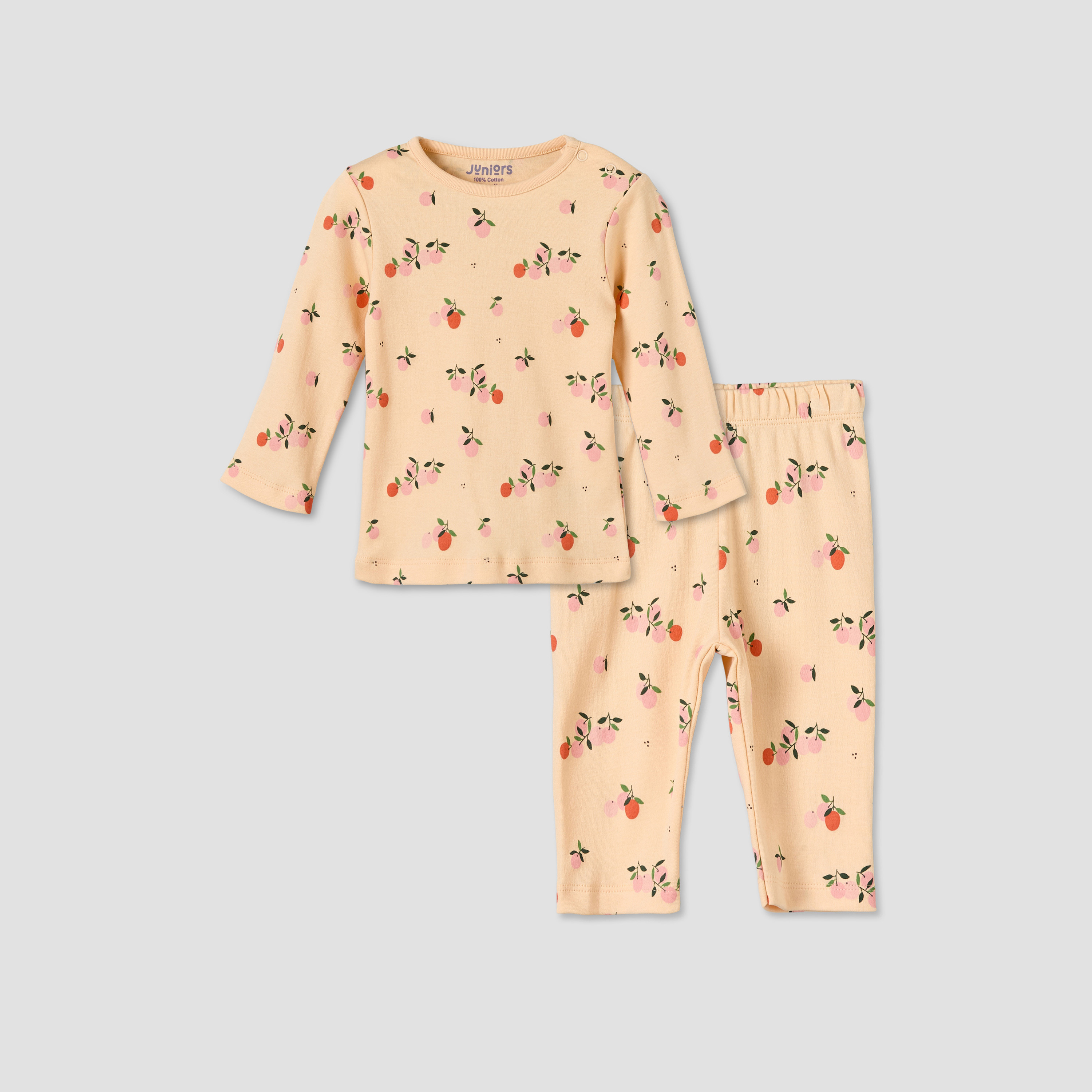 Juniors Cotton Round Neck Long Sleeves Pyjama Set with Orange Print-baby-girls-clothing-nightwear-pyjamasets-image-2