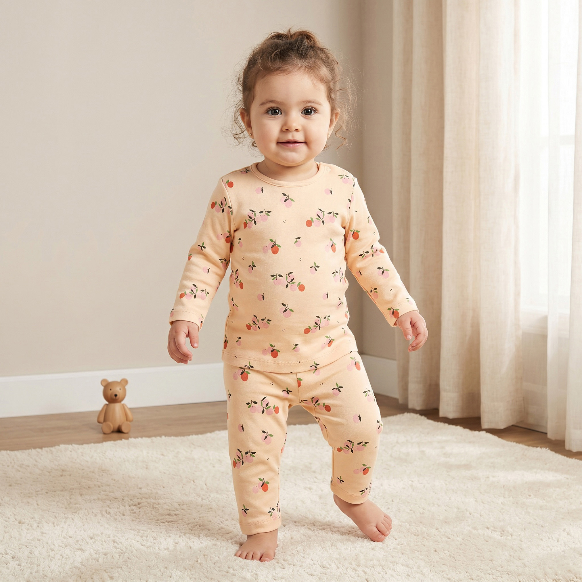 Juniors Cotton Round Neck Long Sleeves Pyjama Set with Orange Print-baby-girls-clothing-nightwear-pyjamasets-image-1