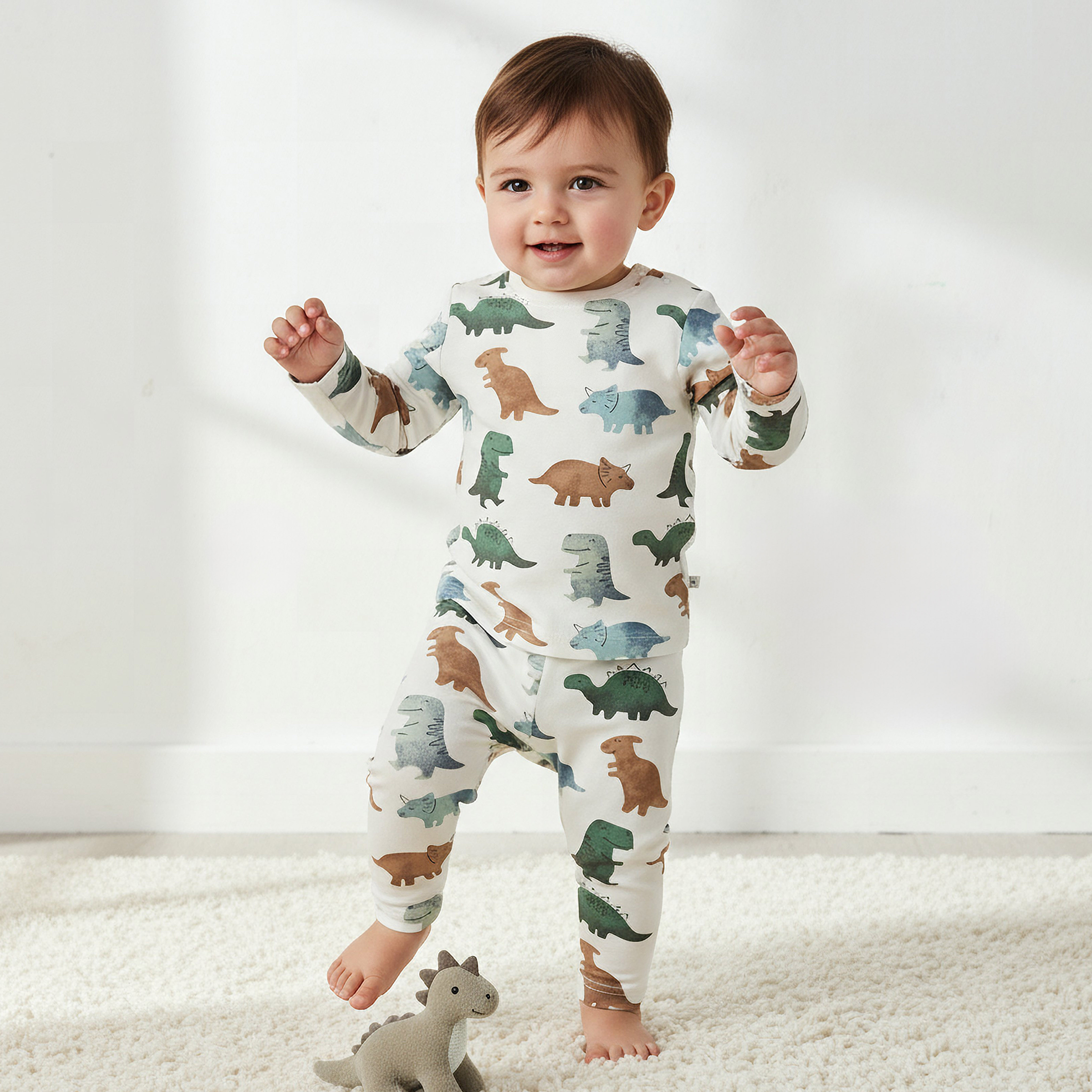 Juniors All-Over Dinosaur Print Long Sleeve T-shirt and Elasticated Pyjama Set-promo_babyshop_Buy3for79_BAH130126-image-1