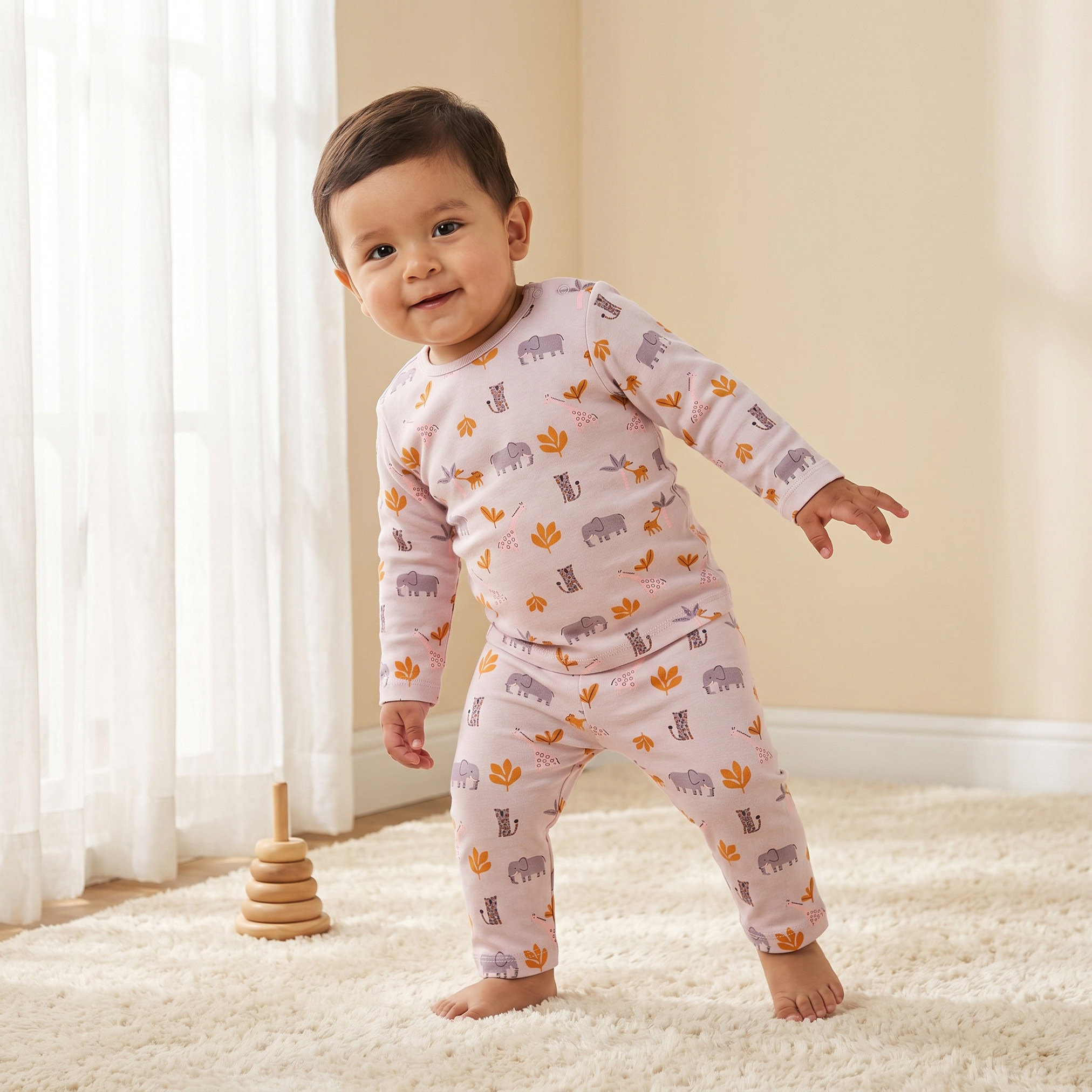 Juniors Cotton Round Neck Long Sleeves Pyjama Set with Safari Print-baby-girls-clothing-nightwear-pyjamasets-image-1