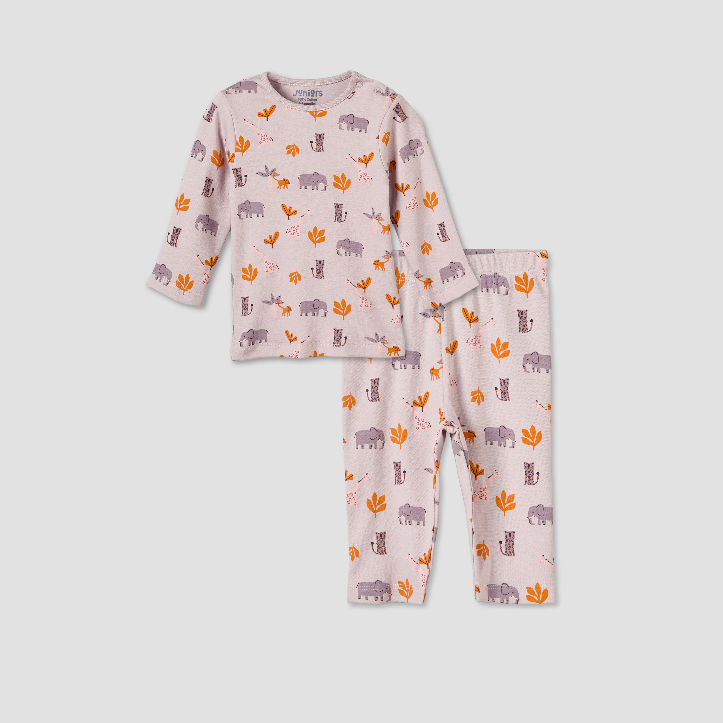 Juniors Cotton Round Neck Long Sleeves Pyjama Set with Safari Print-baby-girls-clothing-nightwear-pyjamasets-image-2