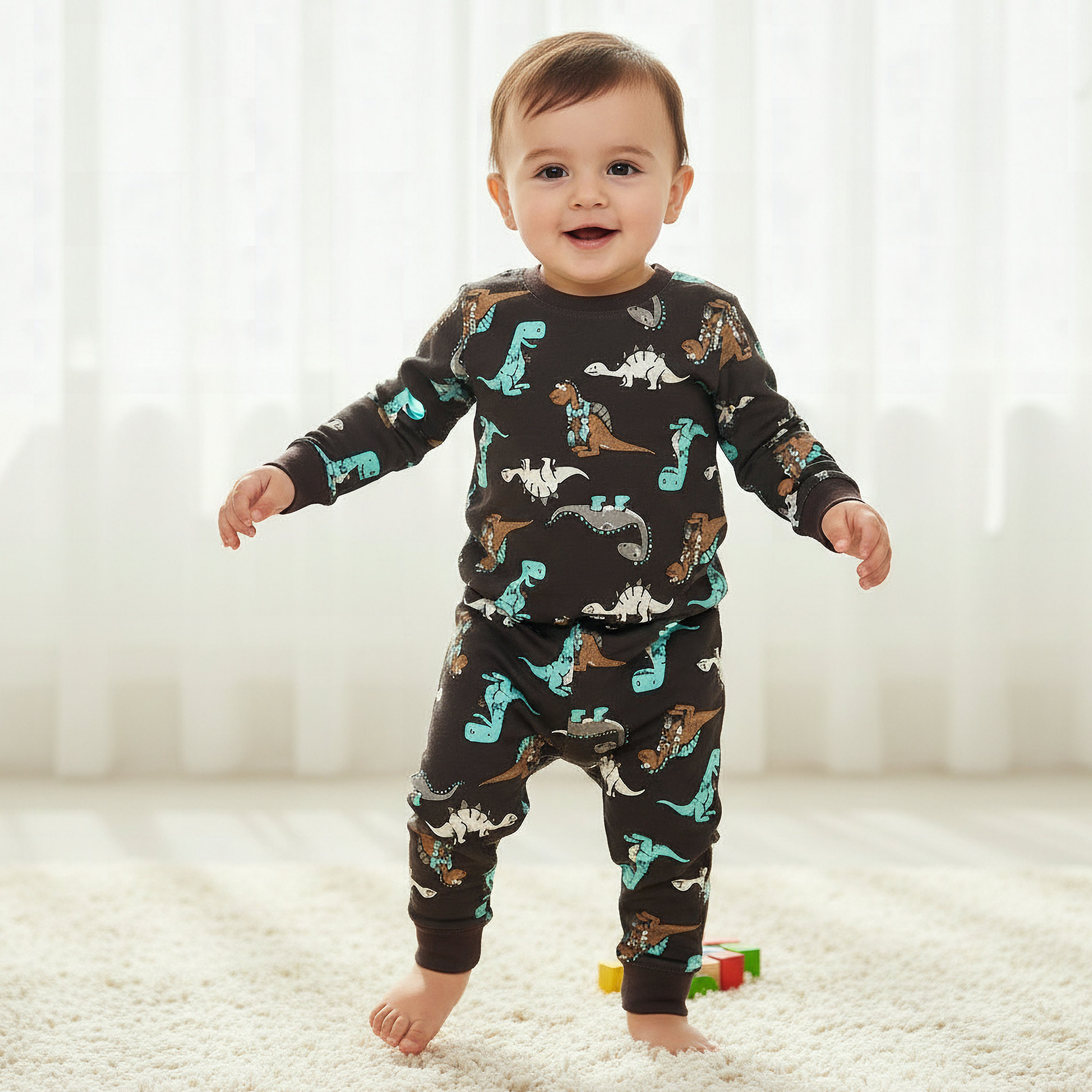 Juniors All-Over Dinosaur Print Long Sleeve T-shirt and Elasticated Pyjama Set-promo_babyshop_Buy3for79_QAT130126-image-1