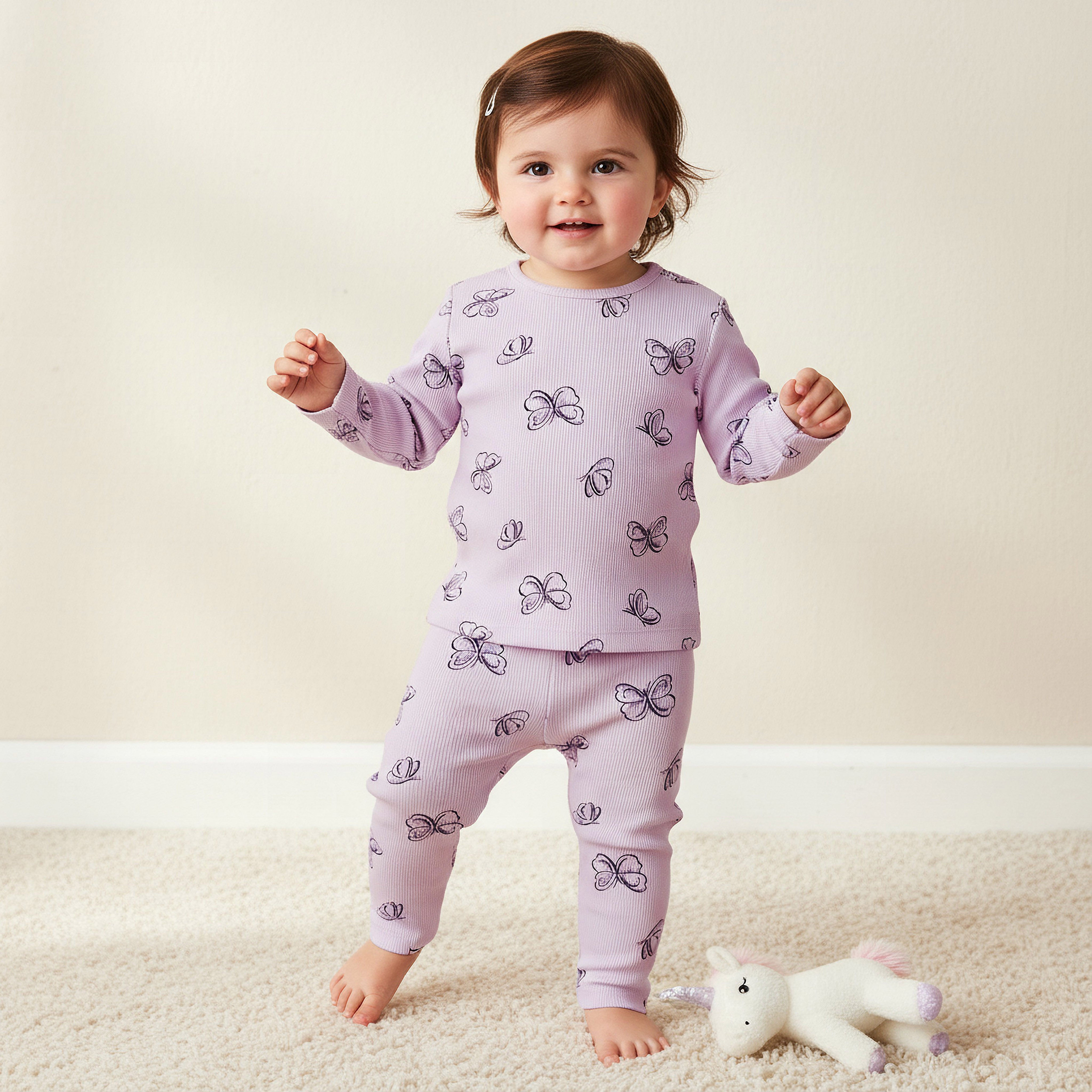 Juniors Cotton Round Neck Long Sleeves Pyjama Set with Butterfly Print-baby-girls-clothing-nightwear-pyjamasets-image-2