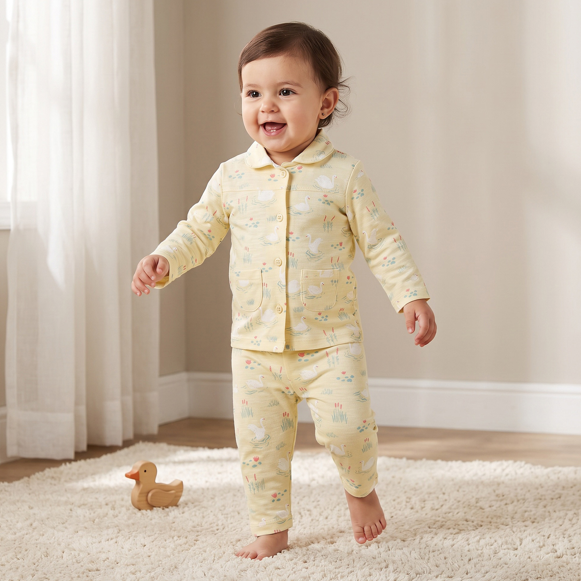 Juniors Cotton Collared Long Sleeves Pyjama Set with Swan Print-baby-girls-clothing-nightwear-pyjamasets-image-1