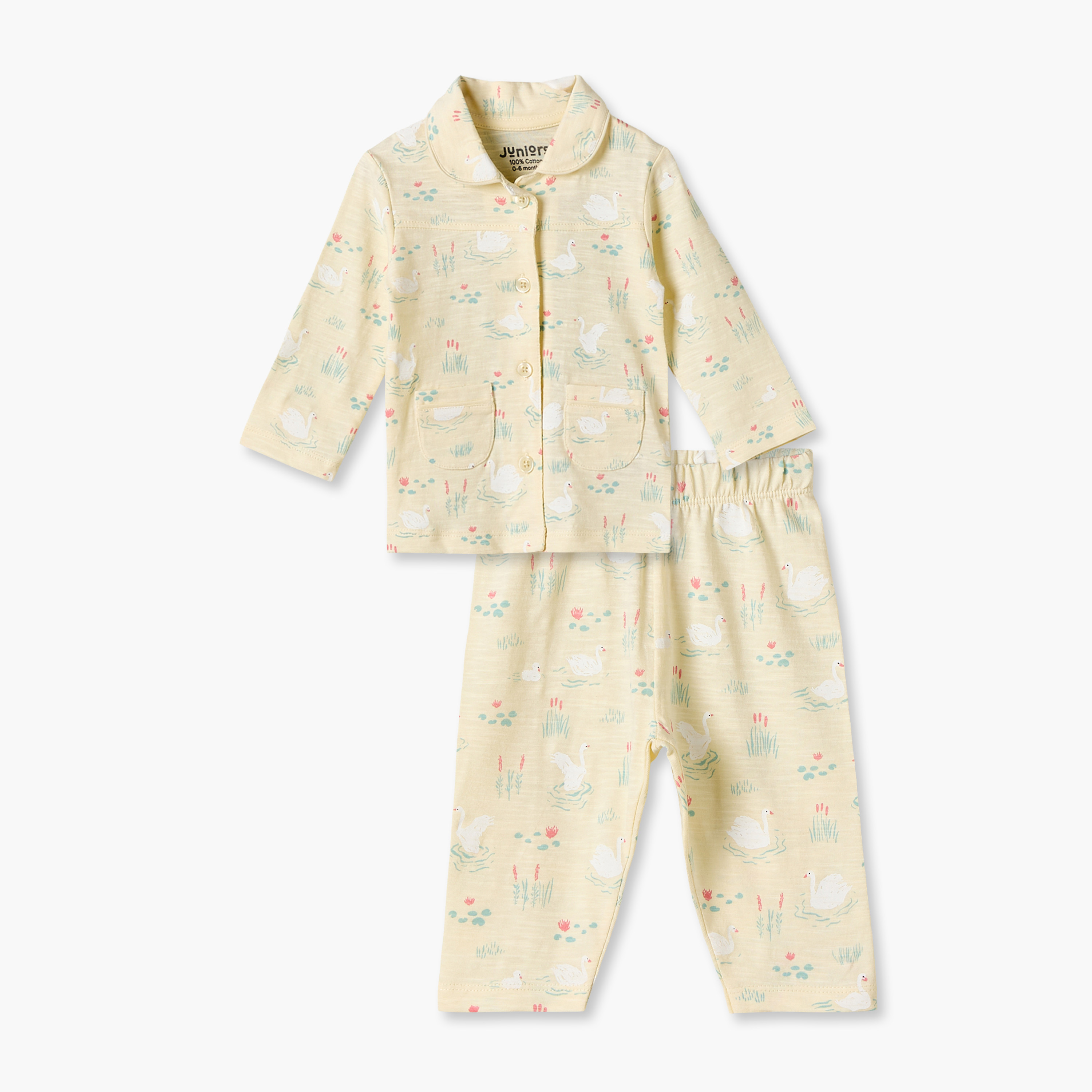 Juniors Cotton Collared Long Sleeves Pyjama Set with Swan Print-baby-girls-clothing-nightwear-pyjamasets-image-2