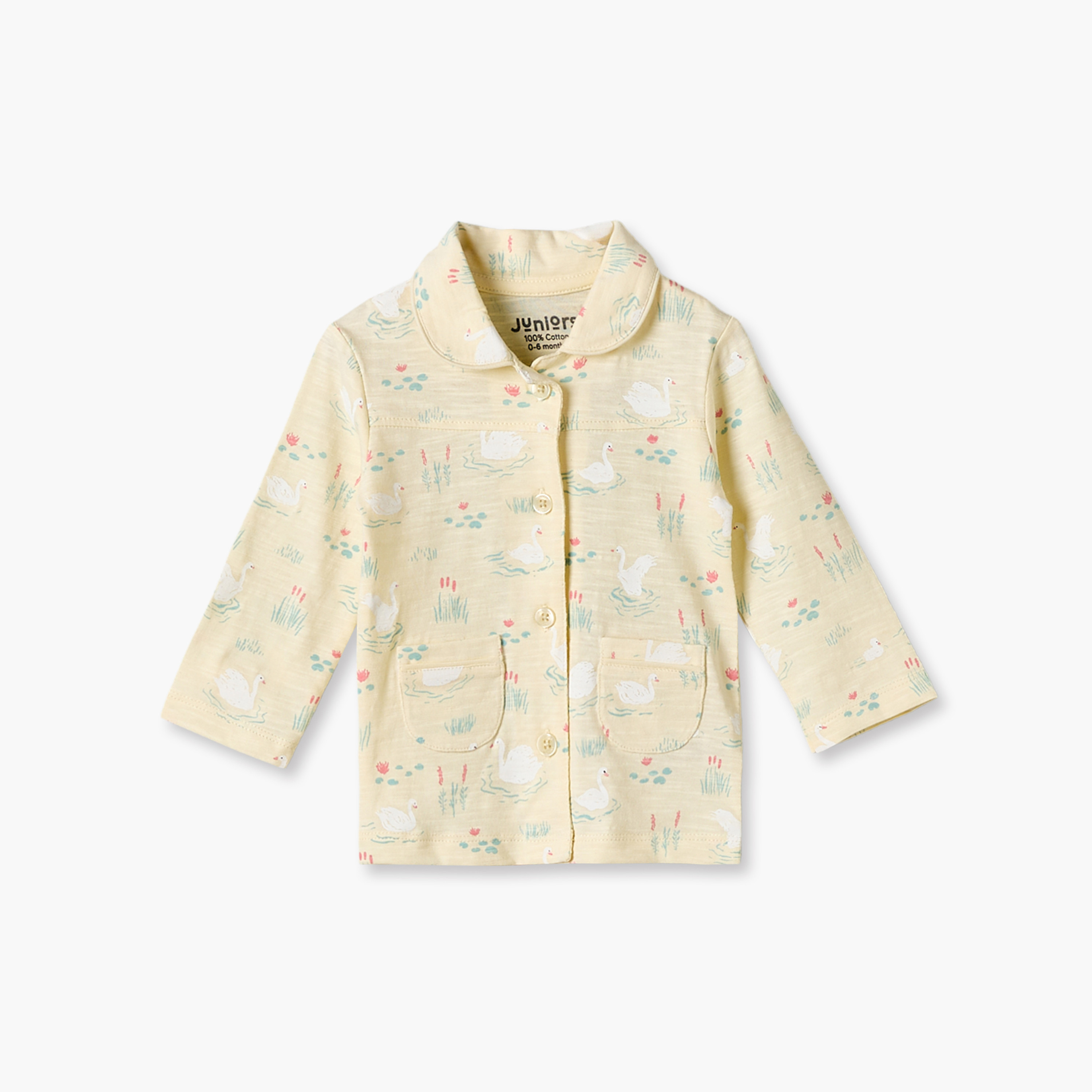 Juniors Cotton Collared Long Sleeves Pyjama Set with Swan Print-baby-girls-clothing-nightwear-pyjamasets-image-3