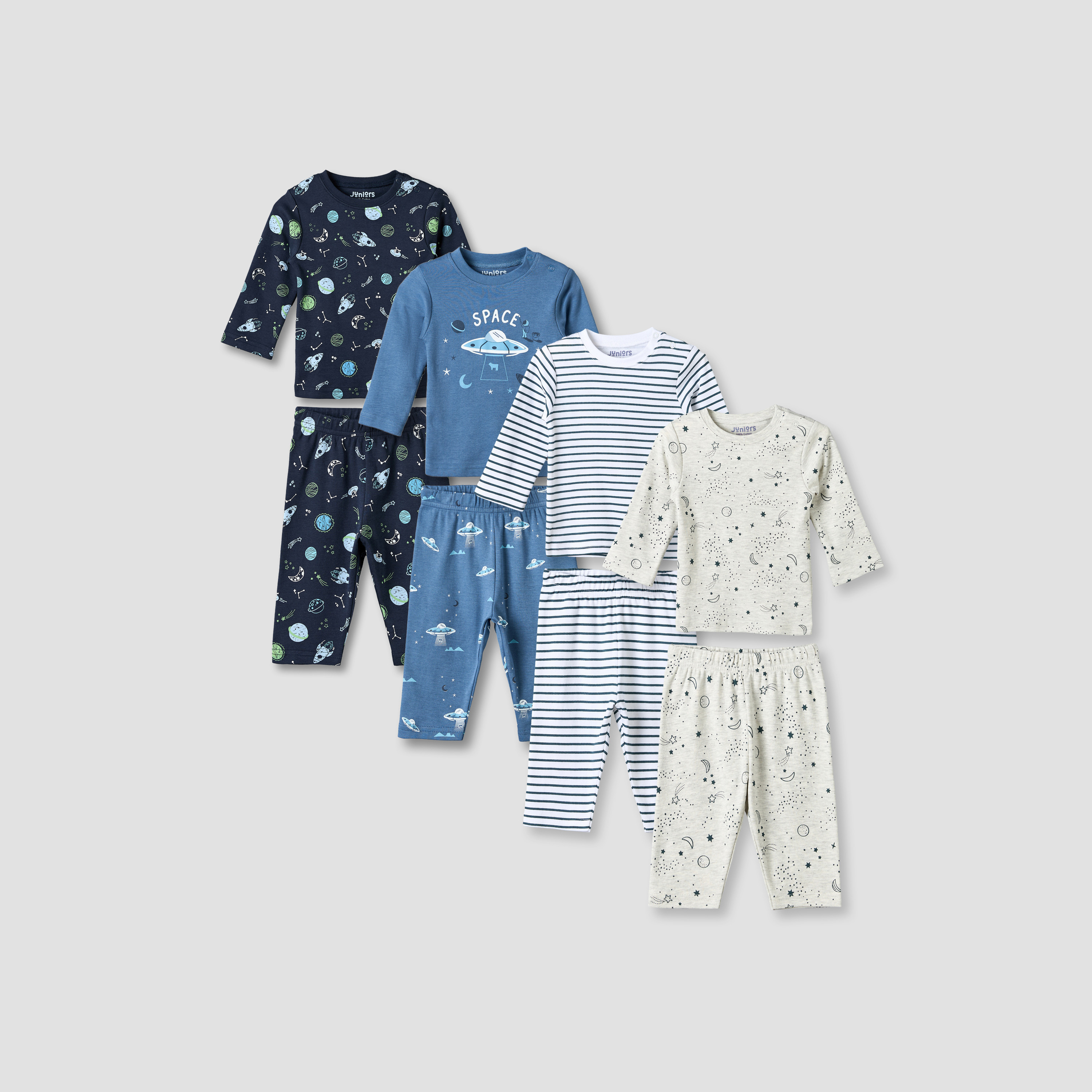 طقم بيجاما قطن بياقة ضيقة وأكمام طويلة وطبعات فضاء من جونيورز - 4 قطع-baby-boys-clothing-nightwear-pyjamasets-image-1