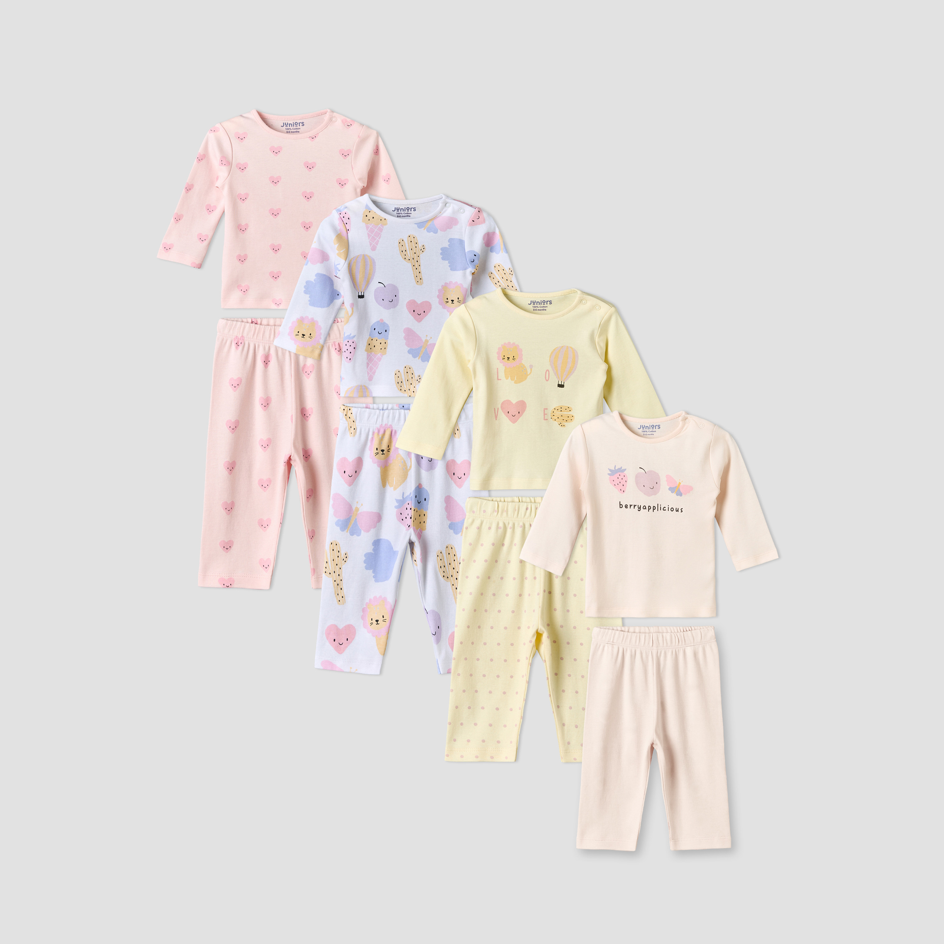 Pack of 4 Juniors Cotton Crew Neck Long Sleeves Pyjama Set with Assorted Prints-baby-girls-clothing-nightwear-pyjamasets-image-1