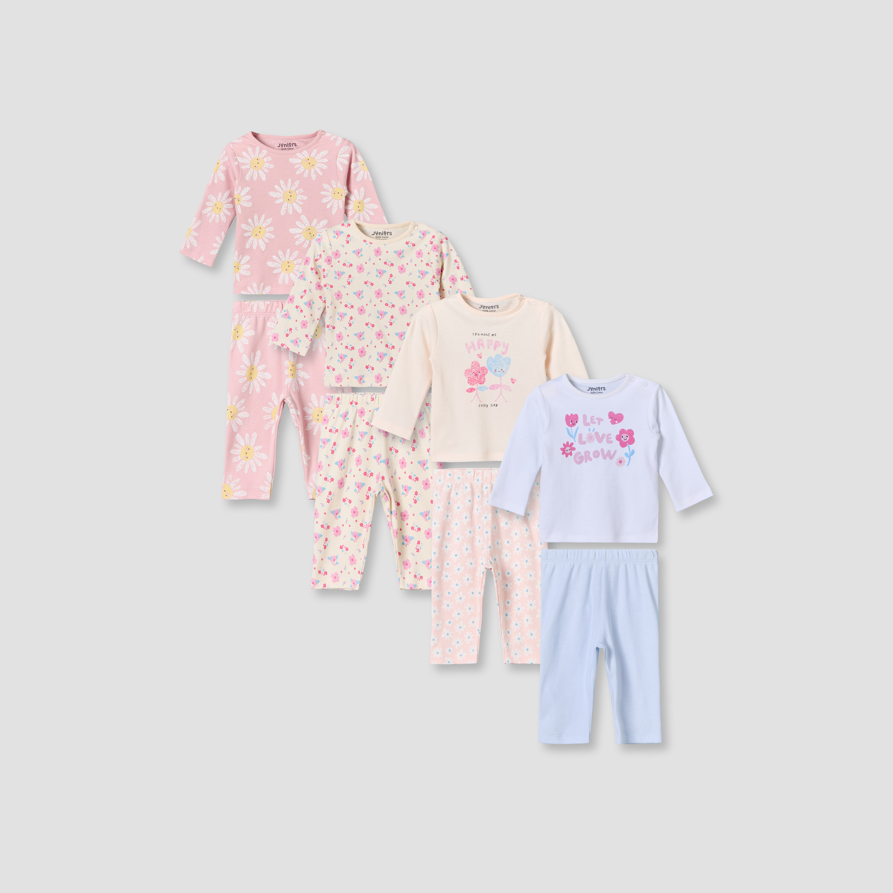 طقم بيجاما قطن بطبعة زهور وياقة مستديرة وأكمام طويلة من جونيورز - طقم من 4 قطع-baby-girls-clothing-nightwear-pyjamasets-image-1