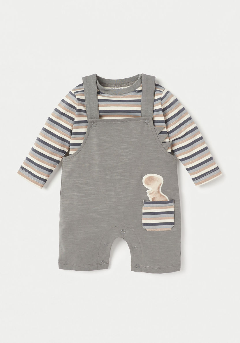 Juniors Applique Detail Dungaree and Striped T-shirt Set-Rompers%2C Dungarees and Jumpsuits-image-0