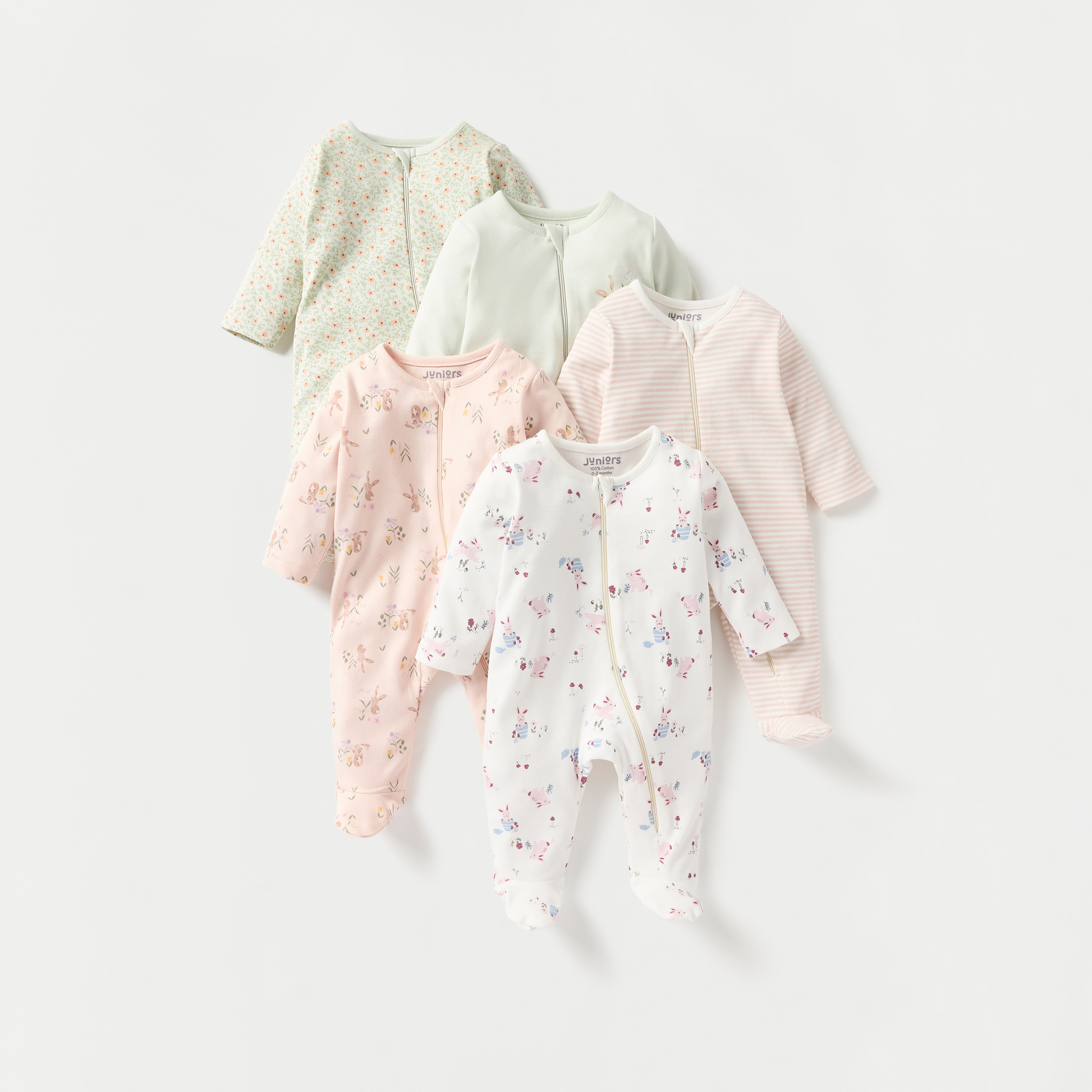 Juniors Printed Closed Feet Sleepsuit with Long Sleeves - Set of 5-baby-girls-clothing-nightwear-sleepsuits-image-1
